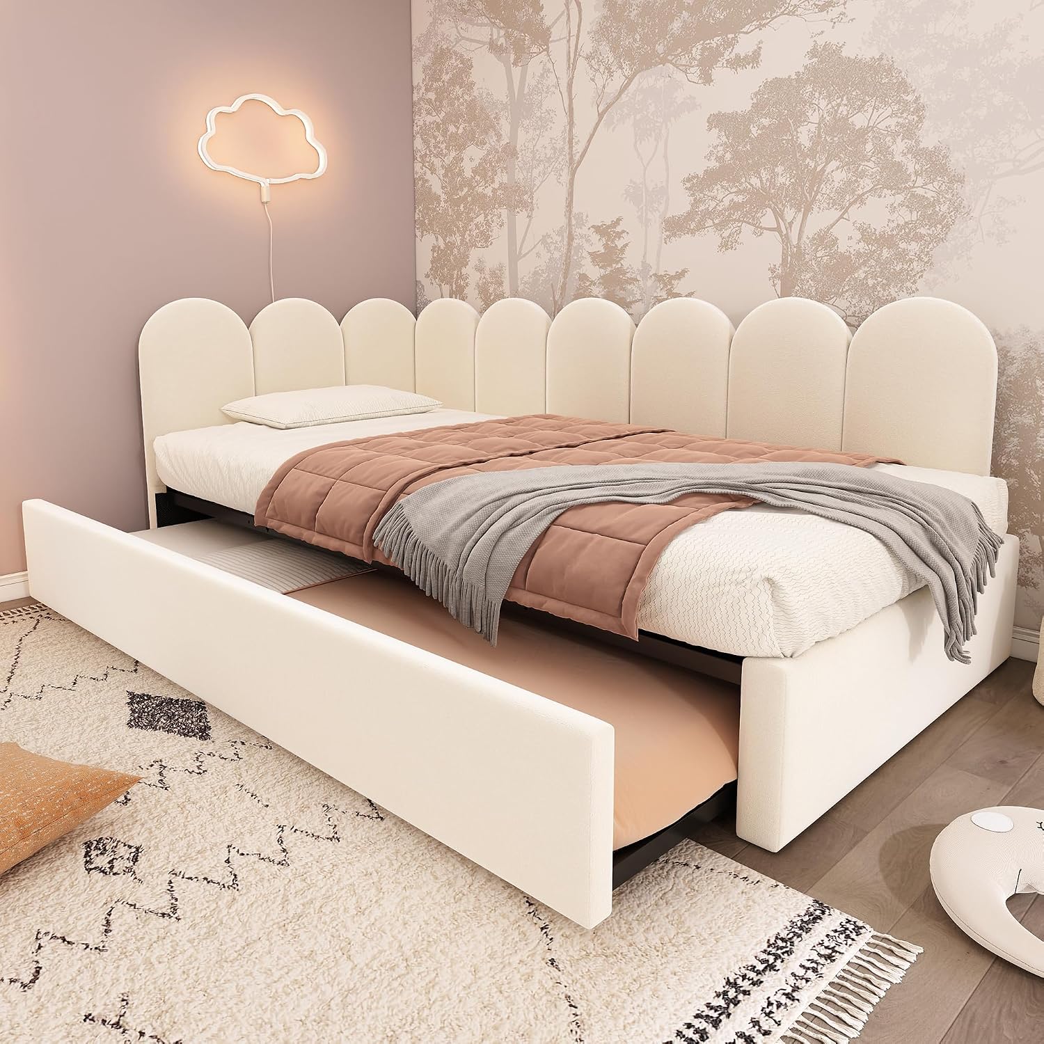 Merax Modern Upholstered Sofa Day Bed with Trundle Bed, Floor Platform Bed Frame with Headboard, No Box Spring Needed/Easy Assemble Twin, Beige