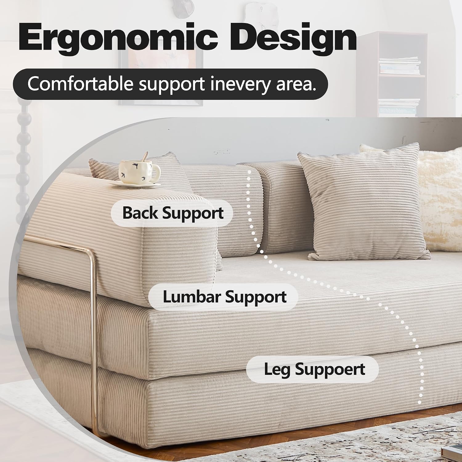 78.8' Convertible Sofa Bed -Compression Sofa with Corduroy Fabric - with Armrests and Backrest - Modular Sectional for Living Room, Bedroom, Studio - Compression Sofa in Box (Beige)