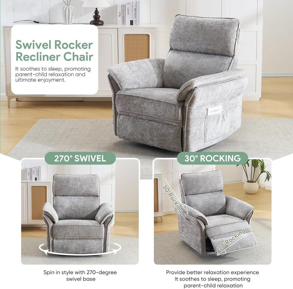 Power Nursery Rocking Chair with Massage and Heat,Swivel Rocker Recliner with Adjustable Headrest,Glider Recliner Nursery Chair for Breastfeeding,Nursery Rocker Recliner for Living Room,Light Grey