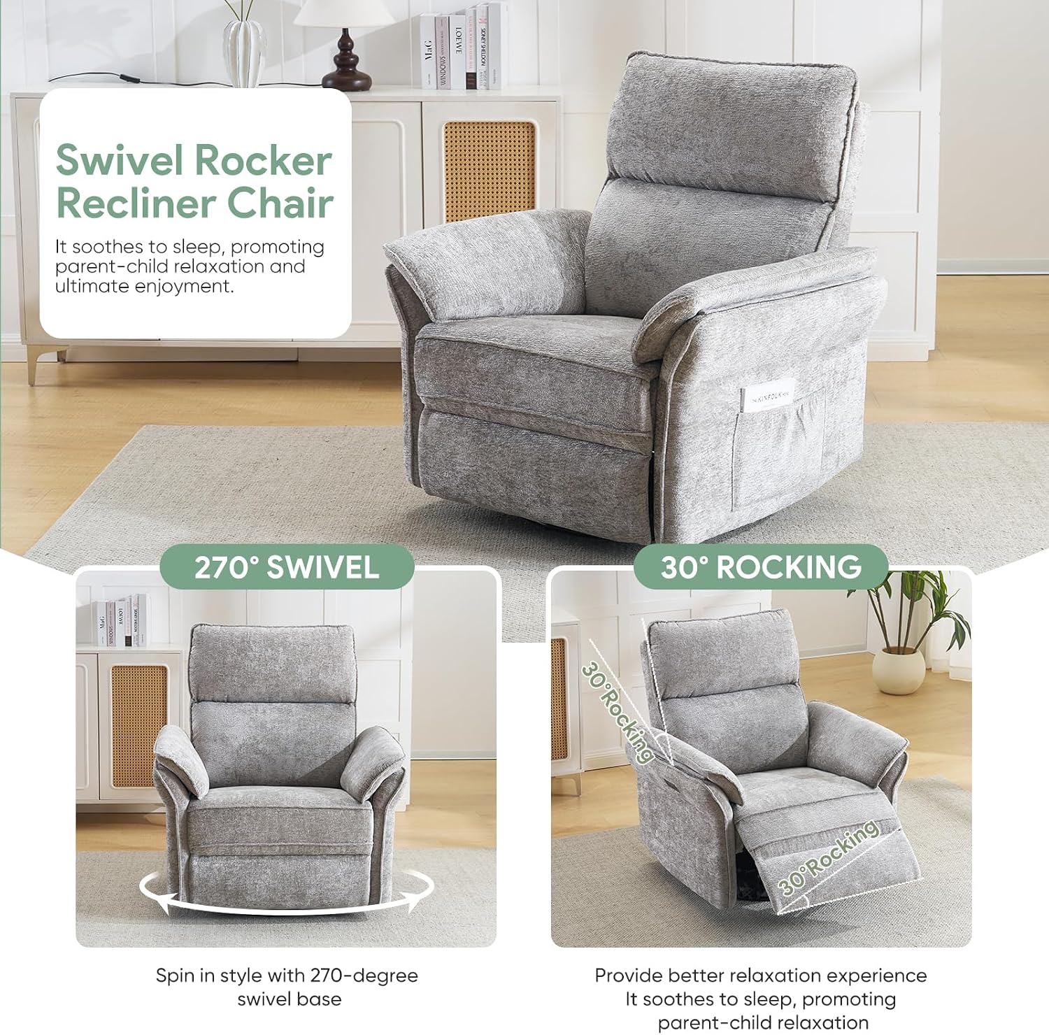 Power Nursery Rocking Chair with Massage and Heat,Swivel Rocker Recliner with Adjustable Headrest,Glider Recliner Nursery Chair for Breastfeeding,Nursery Rocker Recliner for Living Room,Light Grey