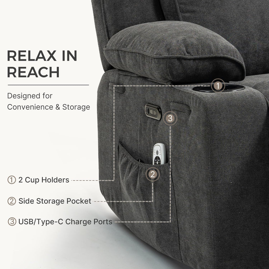 Power Recliner with Rocking, Swivel & Glider - Nursery Chair with One-Touch Button, Vibrating Massage & Heat, USB Charging Ports, Perfect for Nursery, Living Room, or Bedroom Relaxation, Dark Gray