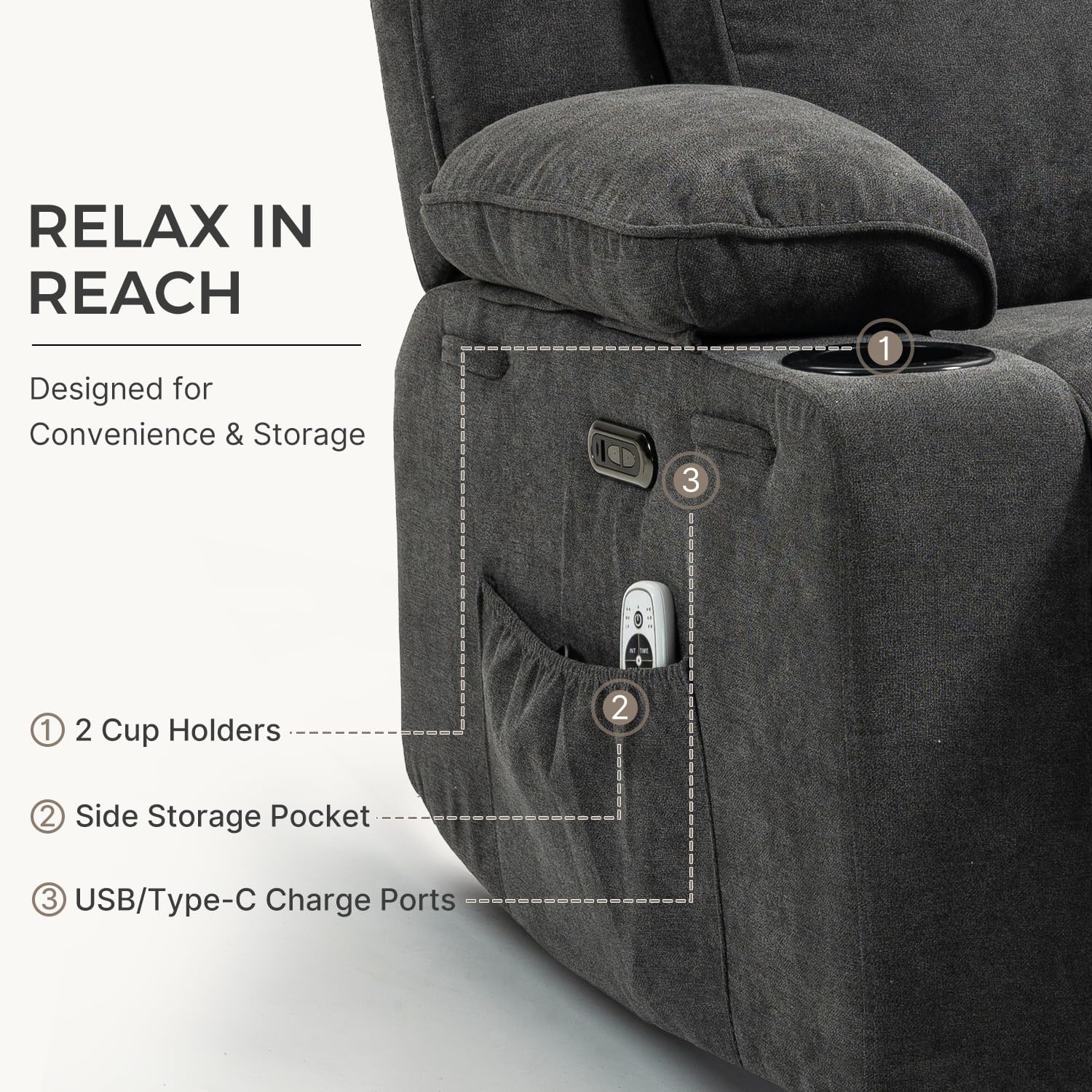 Power Recliner with Rocking, Swivel & Glider - Nursery Chair with One-Touch Button, Vibrating Massage & Heat, USB Charging Ports, Perfect for Nursery, Living Room, or Bedroom Relaxation, Dark Gray