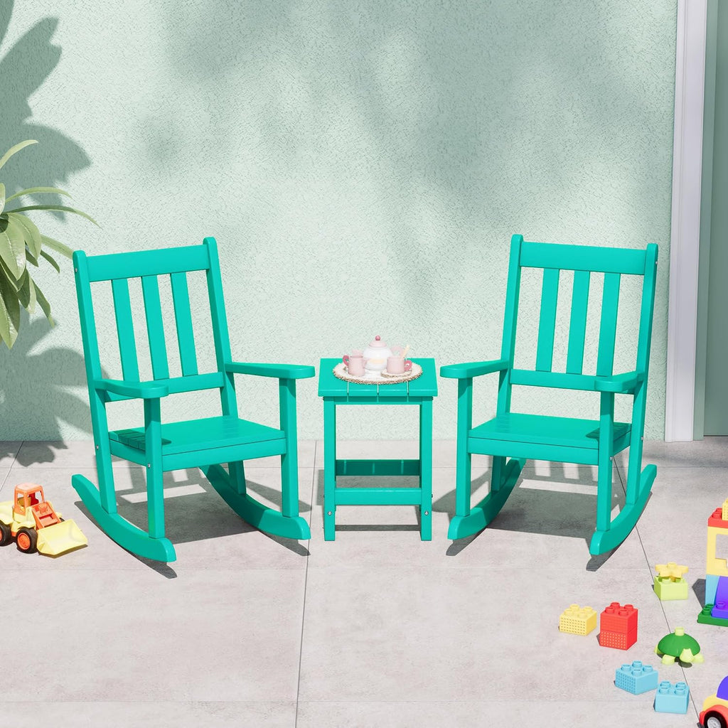 WestinTrends Malibu 3-Piece Kids Outdoor Rocking Chairs Set with Kids Square Side Table, Turquoise