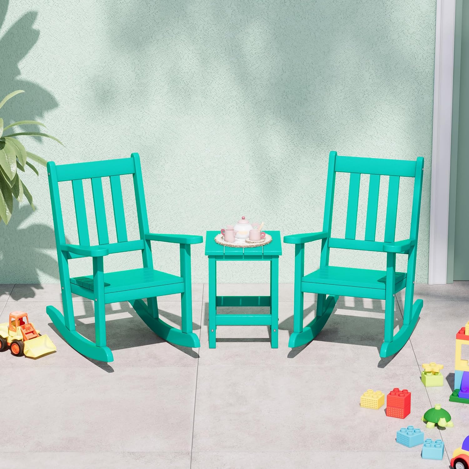 WestinTrends Malibu 3-Piece Kids Outdoor Rocking Chairs Set with Kids Square Side Table, Turquoise