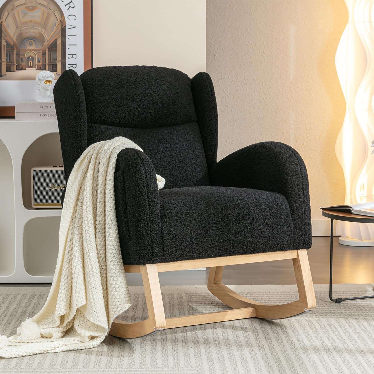 Cloud Rocking Chair Nursery, Comfy Glider Nursery Chair with Foot Rest, Upholstered Rocker, Modern Accent Reading Armchair with Solid Wood Base for Living Room, Bedroom (40' Black)