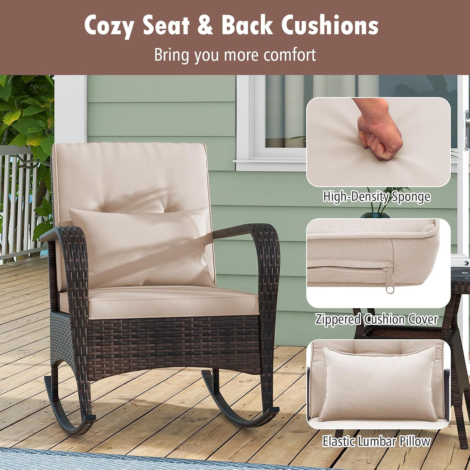 HAPPYGRILL 3 Piece Outdoor Rocking Bistro Set, Rattan Wicker Rocking Chairs with Tempered Glass Coffee Table, Rocker Chairs Set with Cushions & Pillows, for Backyard, Porch, Poolside