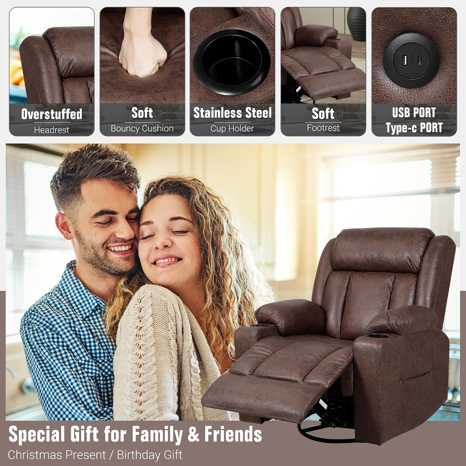 LAFWELL Retro Rocking Recliner Chair, Massage Rocker Recliner Chair with Vibration Massage and Heat, USB and Type-C Ports,360° Swivel Chairs,Living Room, Bedroom, Nursery, RV, Brown