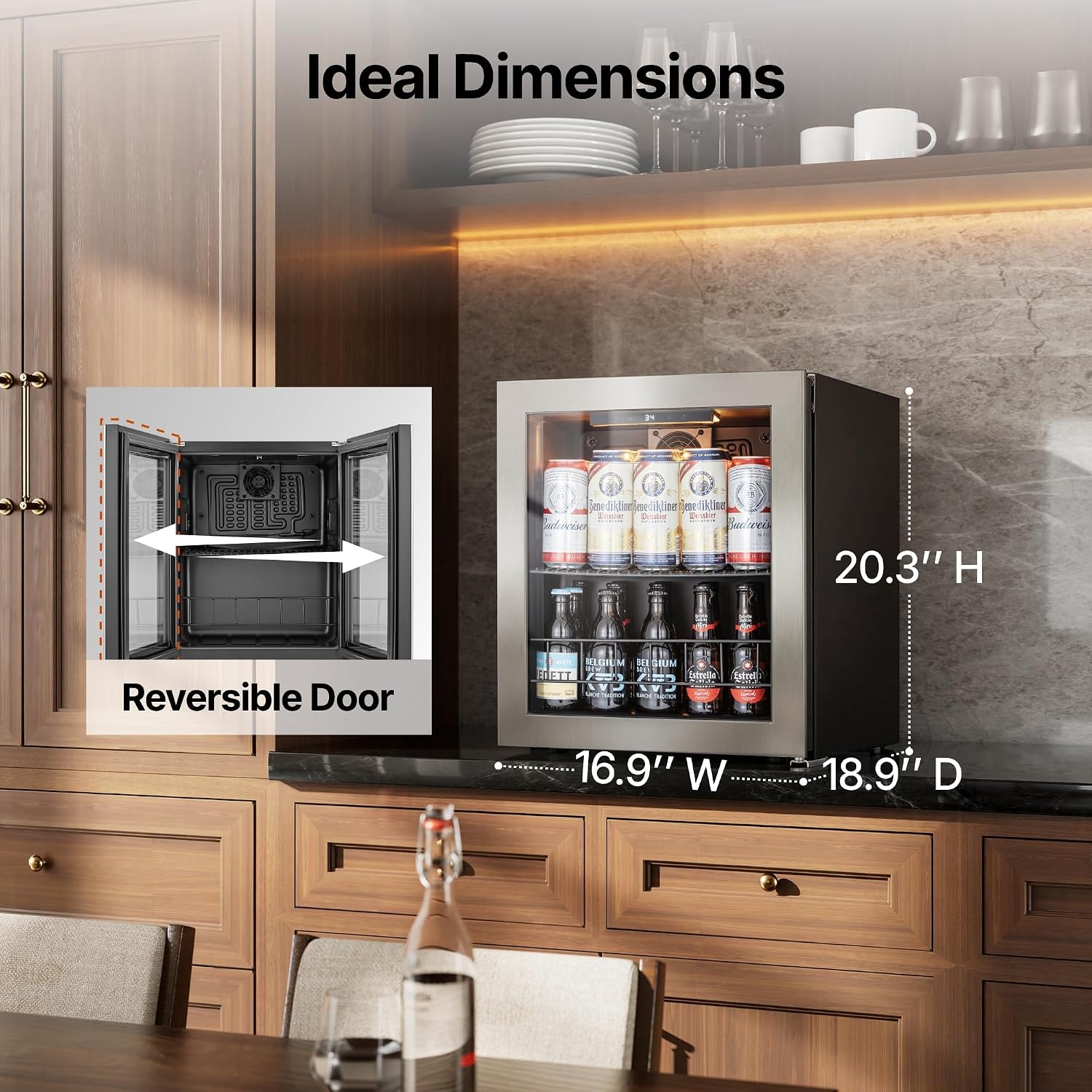 Ca'Lefort Mini Fridge Beverage Cooler, 65 Can Beverage Refrigerator with Reversible Glass Door, Adjustable Shelves for Soda, Beer & Drinks, Digital Temperature Control for Dorm, Office & Home