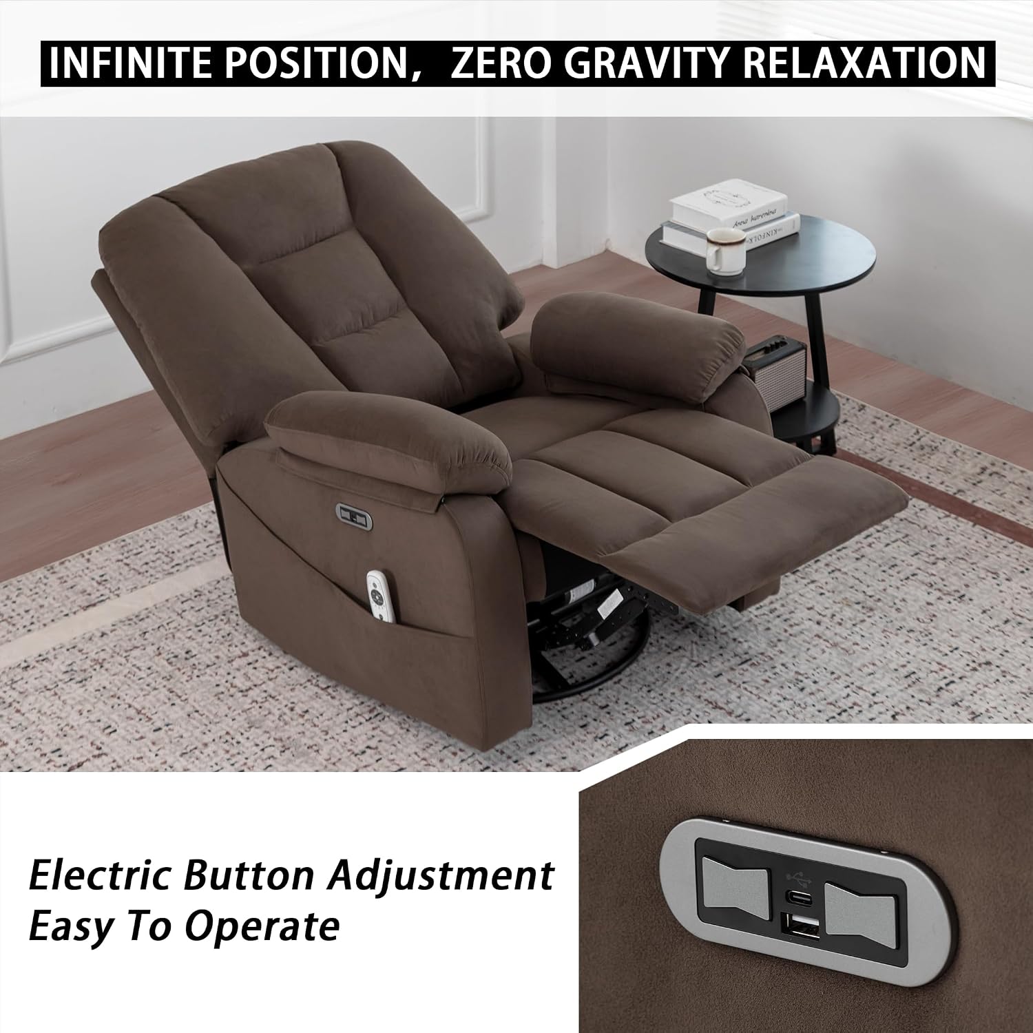 Ketaiyou Power Swivel Rocker Recliner with Massage and Heat, USB and Type-C Port, Infinite Position, Electric Glider Rocking Chairs Living Room, Soft Fabric Reclining Sofa Chair (Velvet Brown)
