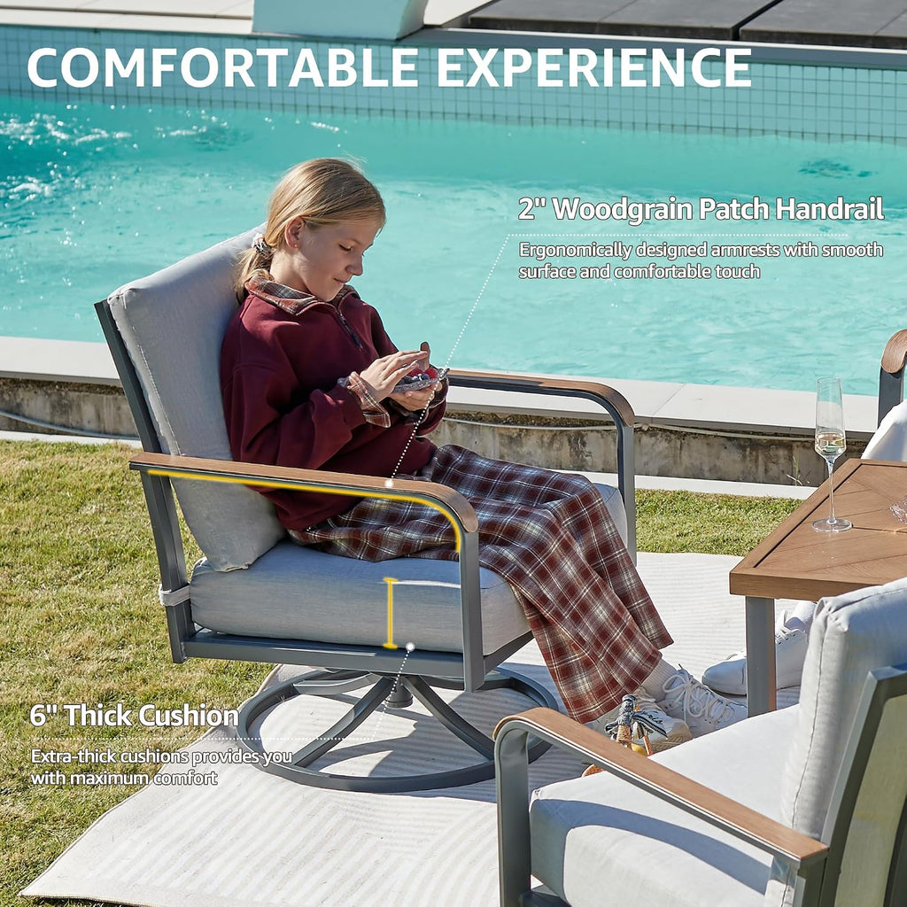 NATURAL EXPRESSIONS 5 Piece Patio Furniture Set, Outdoor Conversation with 4 Pcs Swivel Rocking Chairs and 28' Double-Layer Coffee Table 6' Thick Cushions for Balcony, Backyard, Deck (Light Gray)