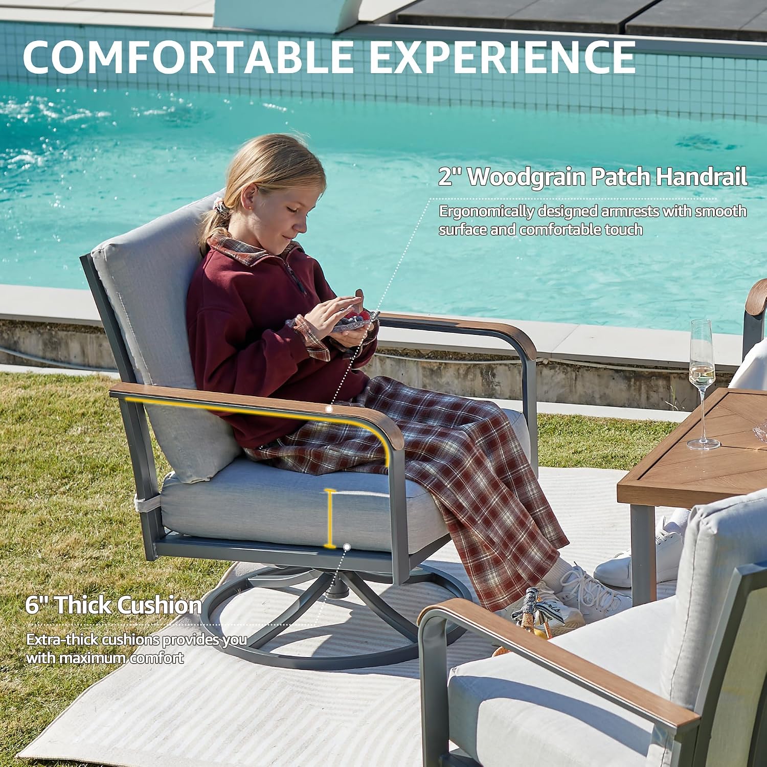 NATURAL EXPRESSIONS 5 Piece Patio Furniture Set, Outdoor Conversation with 4 Pcs Swivel Rocking Chairs and 28' Double-Layer Coffee Table 6' Thick Cushions for Balcony, Backyard, Deck (Light Gray)