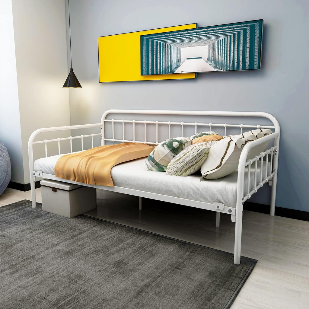HOMERECOMMEND Multi-Purpose Metal Daybed Frame Heavy Duty Metal Slats Sofa Bed Platform Mattress Foundation Economic Day Bed White Color Twin Size.