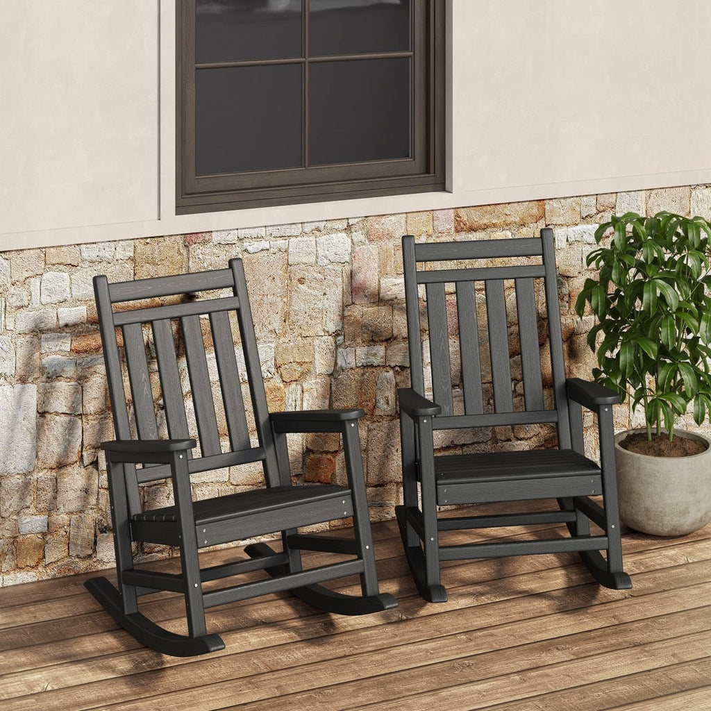 Garvee HDPE Rocking Chair Outdoor Set of 2 - Poly High Back Porch Rocker Chairs for Adults - All Weather Resistant Furniture for Patio Front Porch - Black