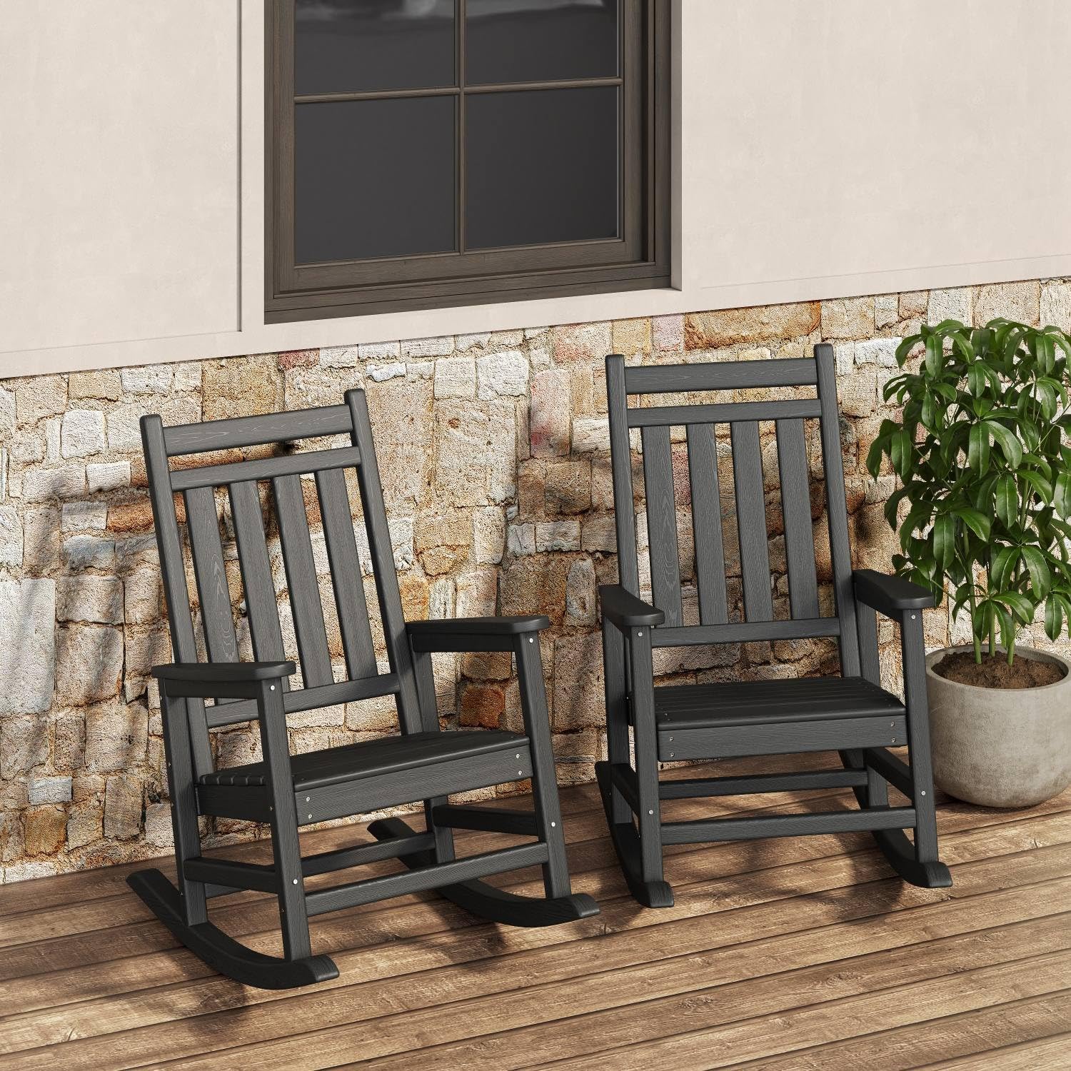 Garvee HDPE Rocking Chair Outdoor Set of 2 - Poly High Back Porch Rocker Chairs for Adults - All Weather Resistant Furniture for Patio Front Porch - Black