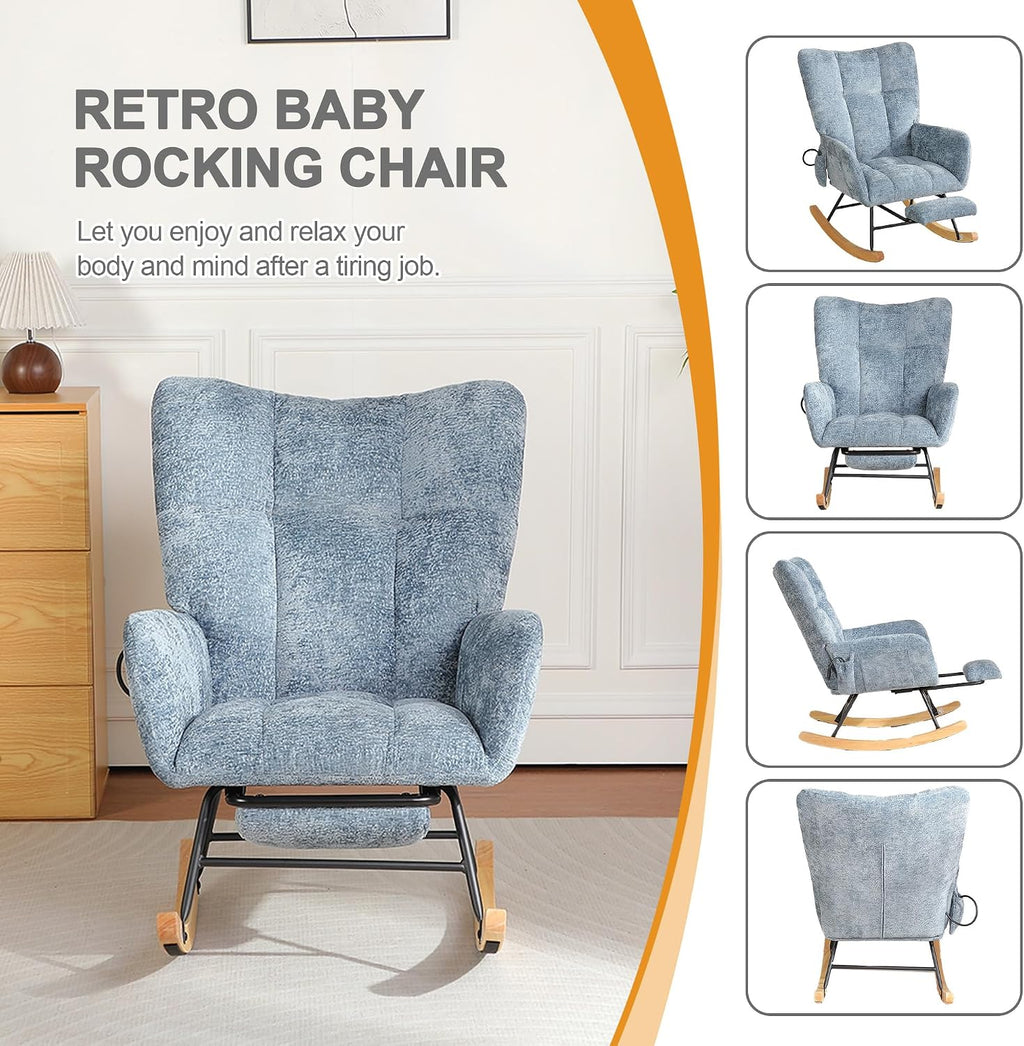 Rocking Chair Nursery with Airbag, Comfy Modern Nursery Rocking Reading Chair Indoor with Footrest, Cozy Upholstered Glider Rocker Chairs for Living Room Bedroom Offices(Chenille, Blue)
