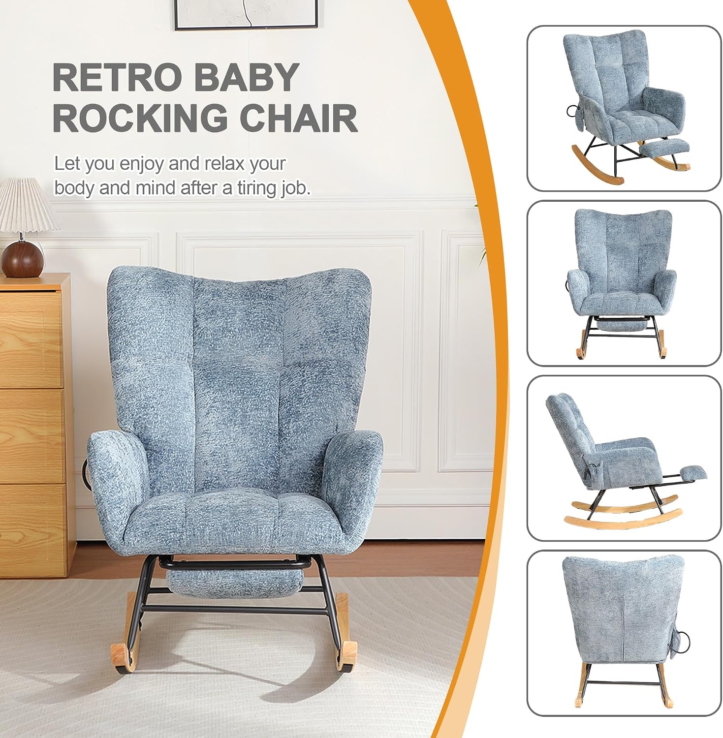 Rocking Chair Nursery with Airbag, Comfy Modern Nursery Rocking Reading Chair Indoor with Footrest, Cozy Upholstered Glider Rocker Chairs for Living Room Bedroom Offices(Chenille, Blue)