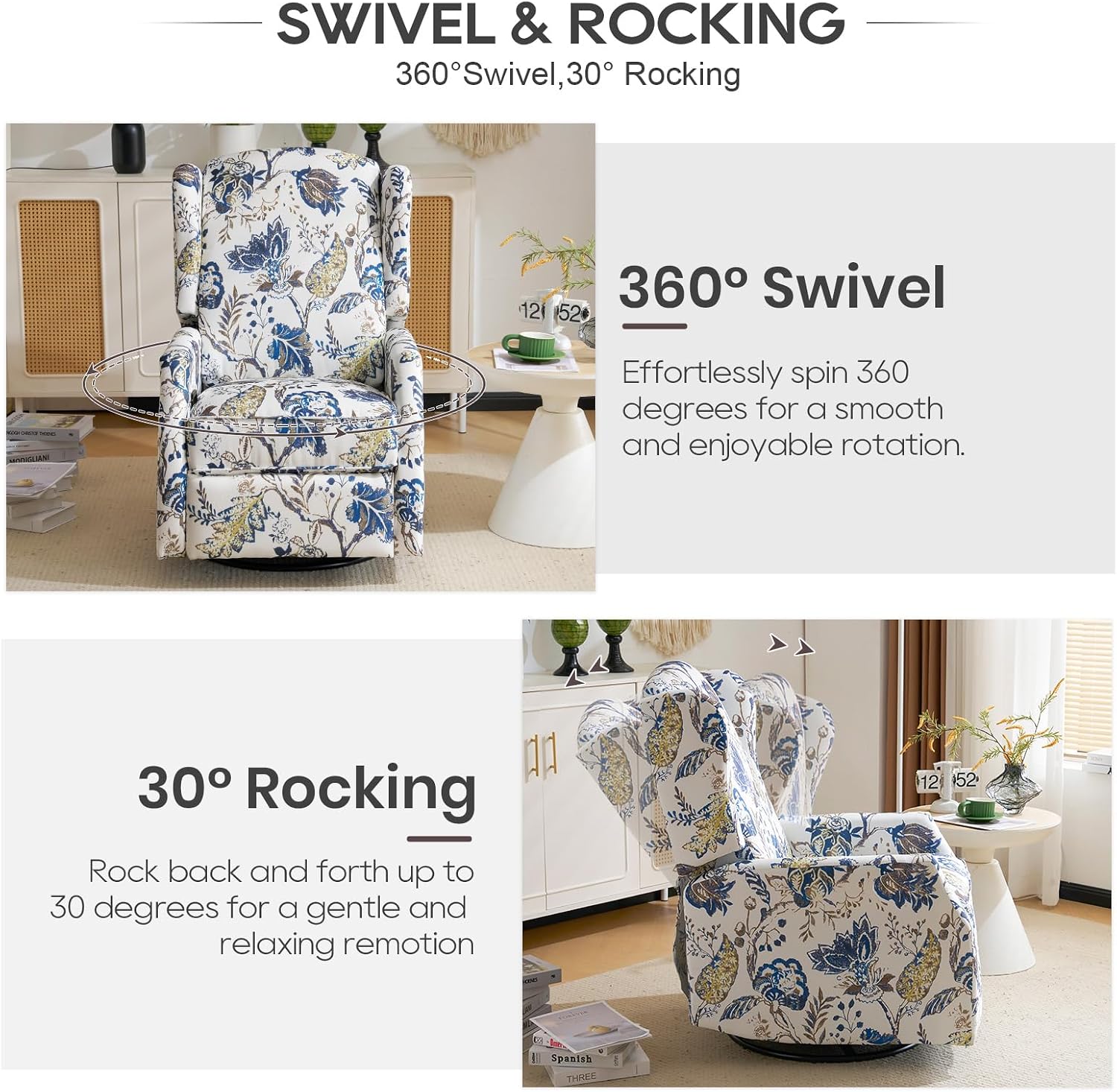Swivel Rocker Recliner,Wingback Recliner Chair,Floral Accent Chair Fabric Chair with High Back,Padded Seat for Living Room,Bedroom, Home Office (Blue)