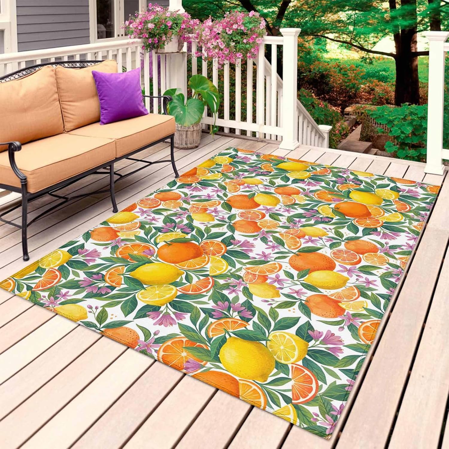 Orange Lemons Outdoor Rug for Patio/Deck/Porch, Non-Slip Large Area Rug 4 x 6 Ft, Summer Botanical Pastoral Elegant Indoor Outdoor Rugs Washable Area Rugs, Reversible Camping Rug Carpet Runner