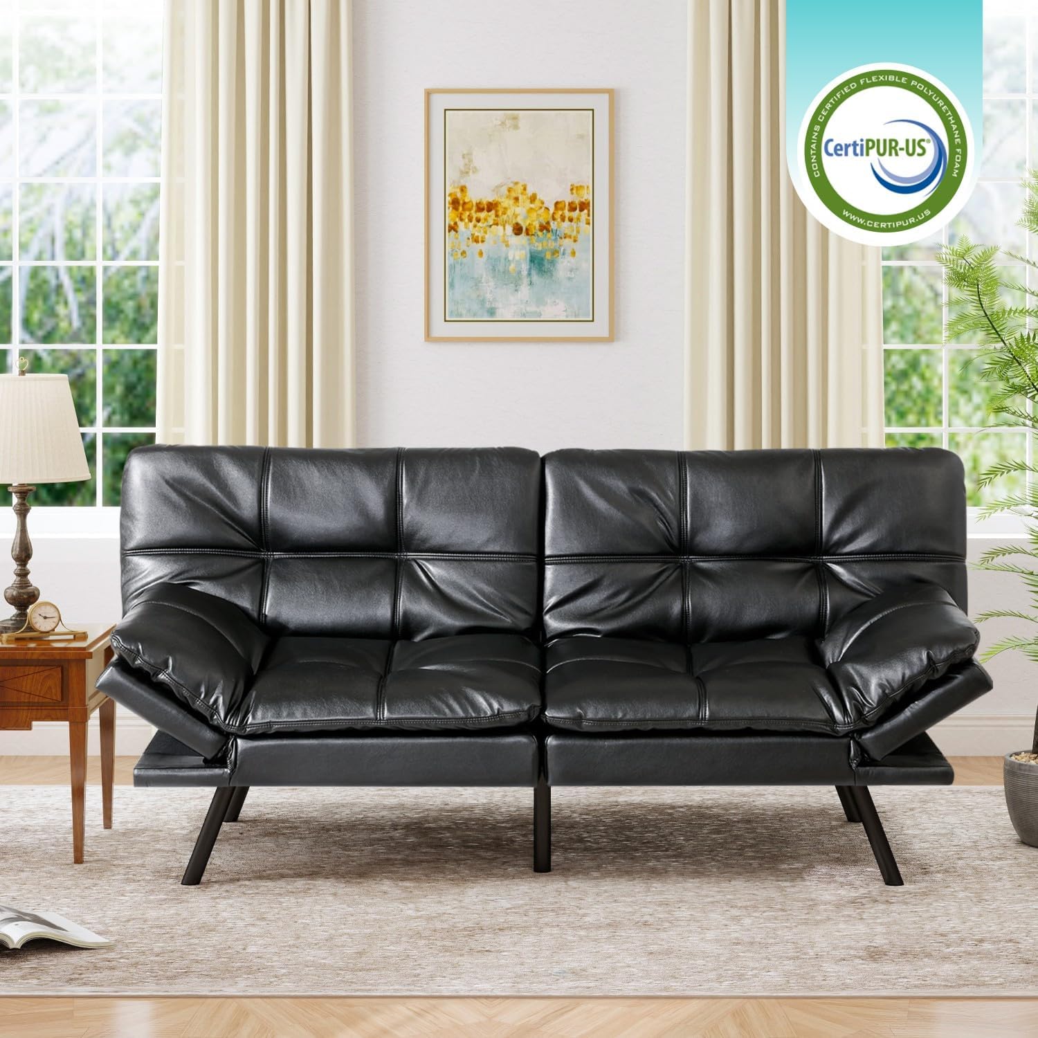 71' Convertible Futon Sofa Bed, Multi-Position Adjustable Back & Arms, Space-Saving Comfortable Sleeper Couch, Modern Loveseat for Urban Apartments & Offices – Black