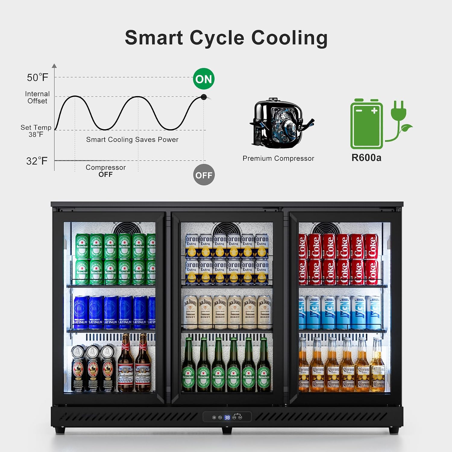 COTLIN Wine and Beverage Refrigerator, Back Bar Cooler with Low-E Glass and Auto Defrost, 3 Door Commercial Under Counter Fridge for Beer, Wine, Soda, Triple Fan Cooling, ETL and NSF, 11.45 Cu.Ft
