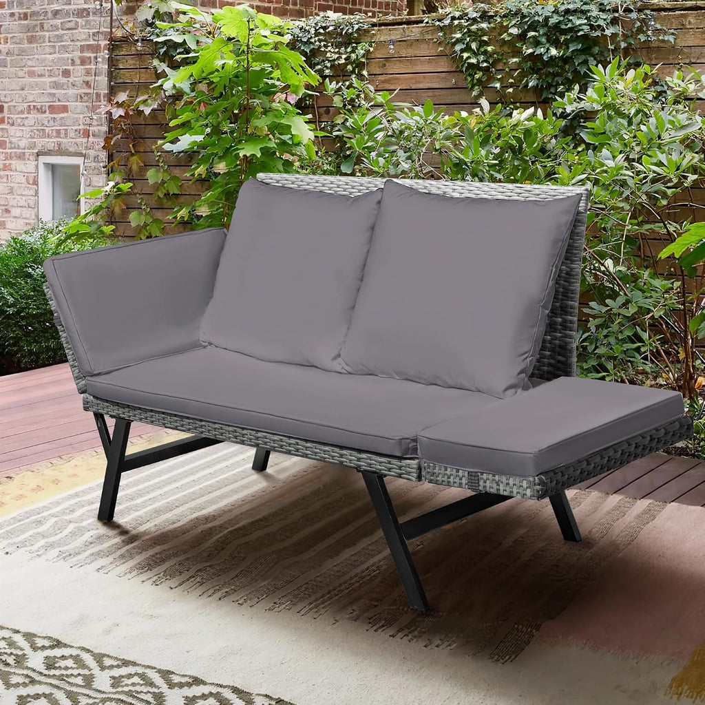 Greesum Outdoor Sofa, Woven Rattan Patio Furniture, Convertible Daybed or Double Chair with Adjustable Armrests, Cushions and Pillows for Yard, Porch, Pool, Gray Lounger & Blue Pillowcase