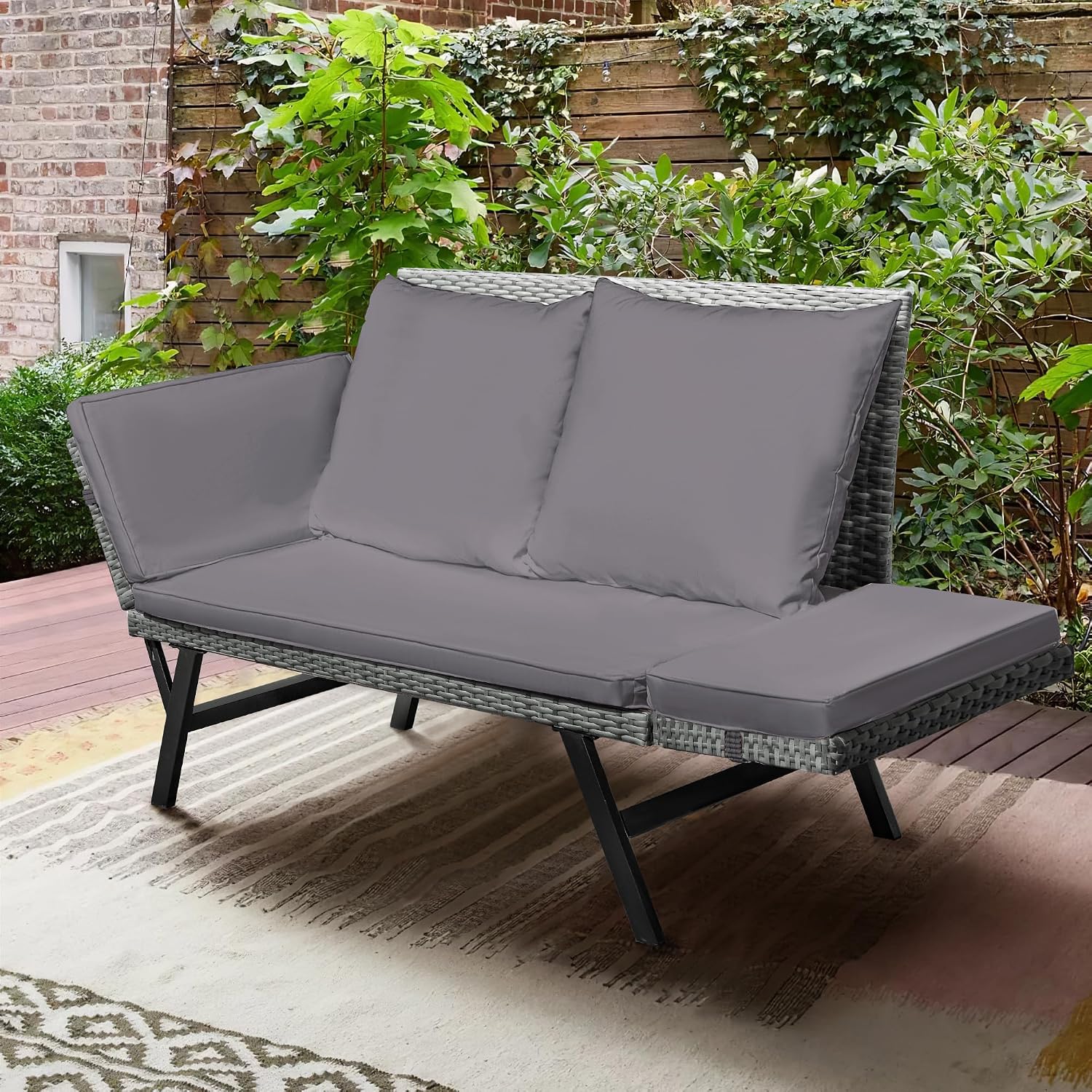 Greesum Outdoor Sofa, Woven Rattan Patio Furniture, Convertible Daybed or Double Chair with Adjustable Armrests, Cushions and Pillows for Yard, Porch, Pool, Gray Lounger & Blue Pillowcase