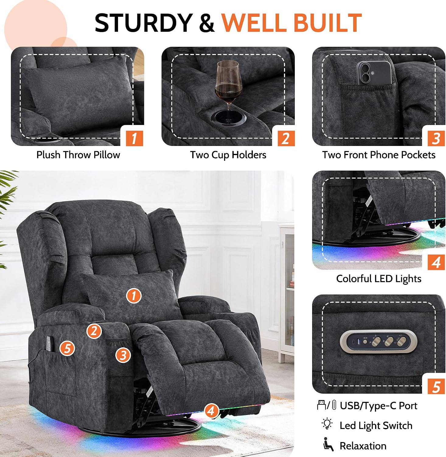 BINGTOO Dual Motor Power Swivel Rocker Recliner Chair with Massage & Heat, Electric Wall Hugger Glider Chair for Adults, Nursery with LED Lights, USB-C Ports & Cup Holders, Velvet Gray, 1 Chair