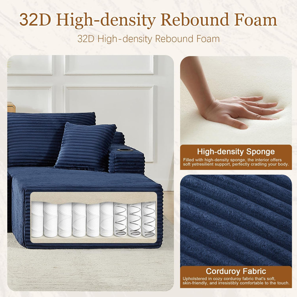 134 Inch Modular Sectional Sleeper Sofa, Boneless Cloud Couch for Living Room, U Shaped 5 Seat Sofa with 2 Storage Pockets& 2 Cup Holders, Free Combination, No Assembly Required (Blue)