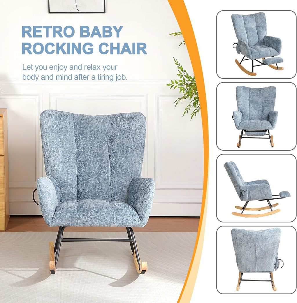 Rocking Chair Nursery with Airbag, Comfy Modern Nursery Rocking Reading Chair Indoor, Cozy Upholstered Glider Rocker Chairs for Living Room Bedroom Offices, (Chenille, Blue)