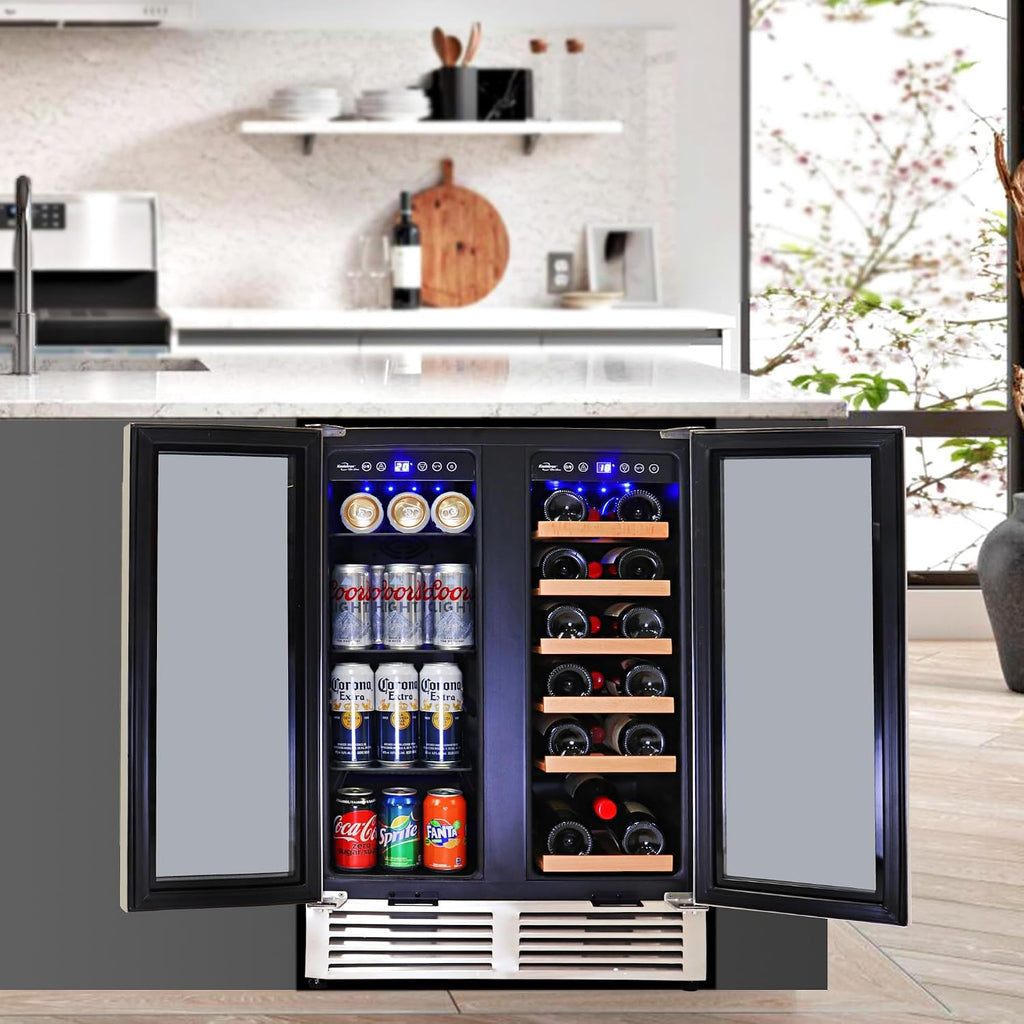 Koolatron Dual Zone Wine Fridge and Wine Cooler, 56 cans & 18 bottles (24 Inch), Built-In or Freestanding Compressor Under Counter Wine Refrigerator, Independent Temperature Control with French Doors