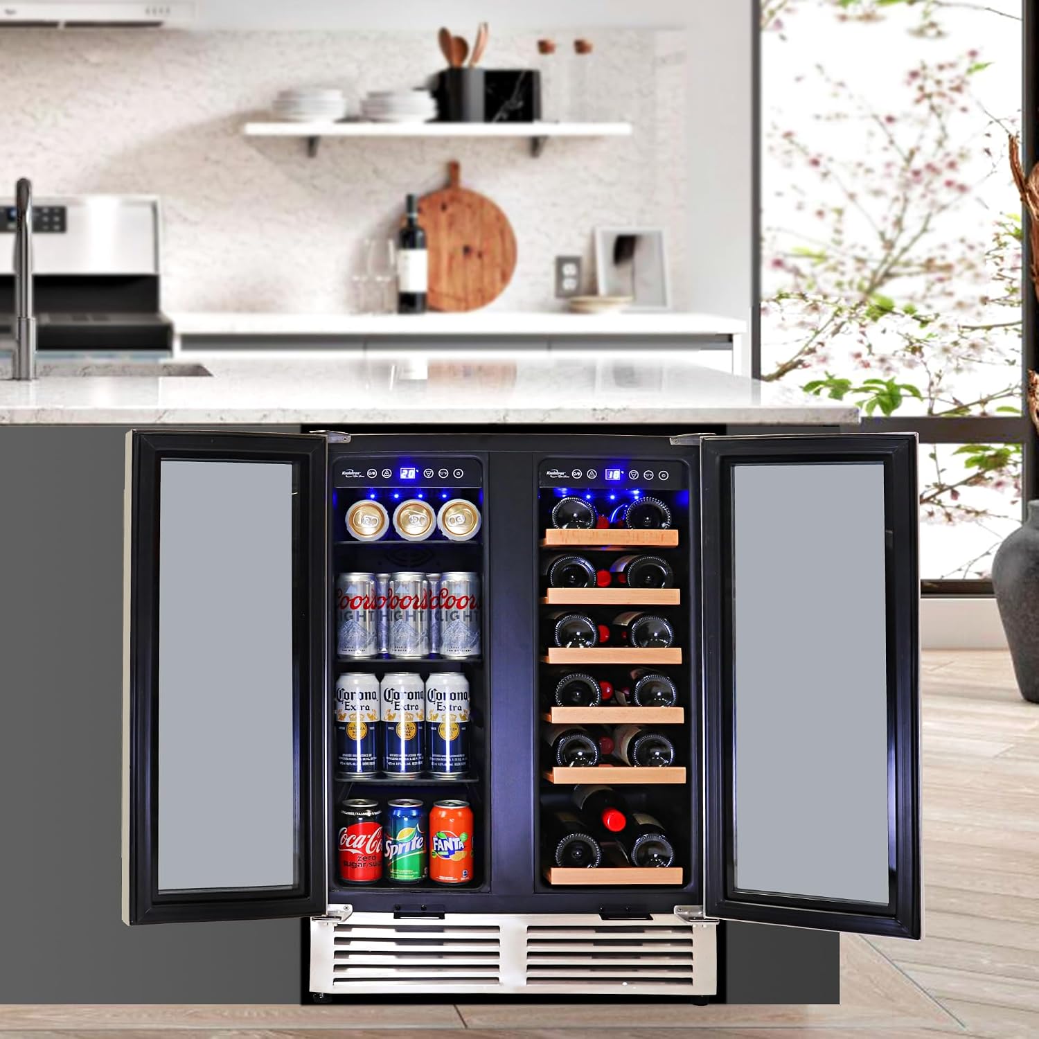 Koolatron Dual Zone Wine Fridge and Wine Cooler, 56 cans & 18 bottles (24 Inch), Built-In or Freestanding Compressor Under Counter Wine Refrigerator, Independent Temperature Control with French Doors