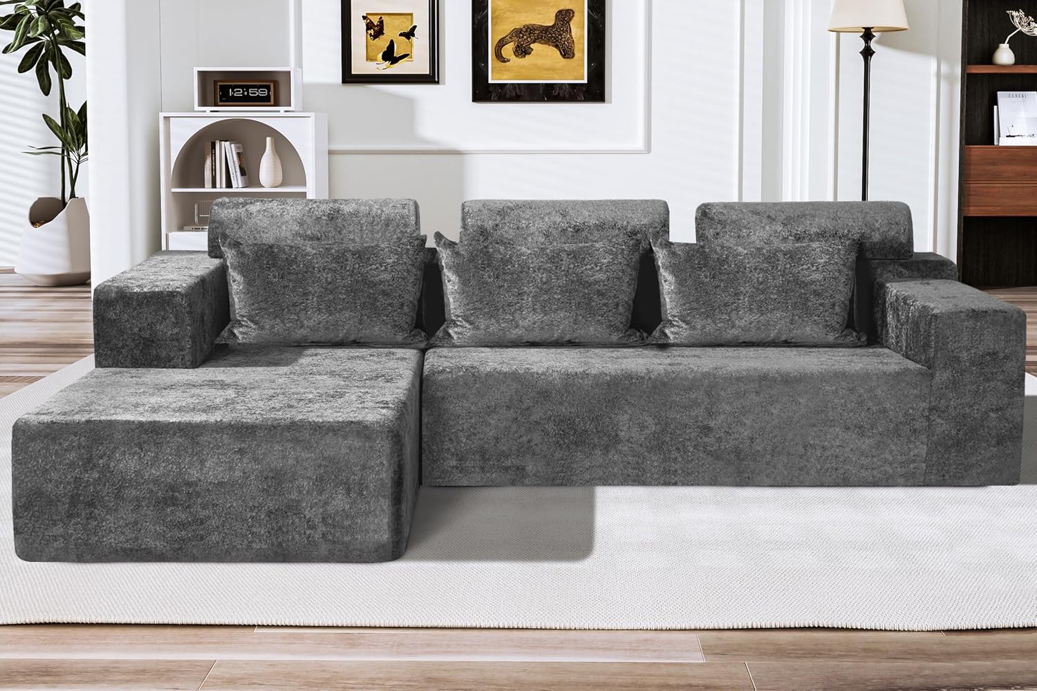 HABUTWAY 105' L-Shape Modular Sectional Sofa Couch for Living Room,No Assembly Required,Modular Comfy Sofa with Deep Seat for Living Room Bedroom,Luxury Distressed Velvet(Left,Grey)