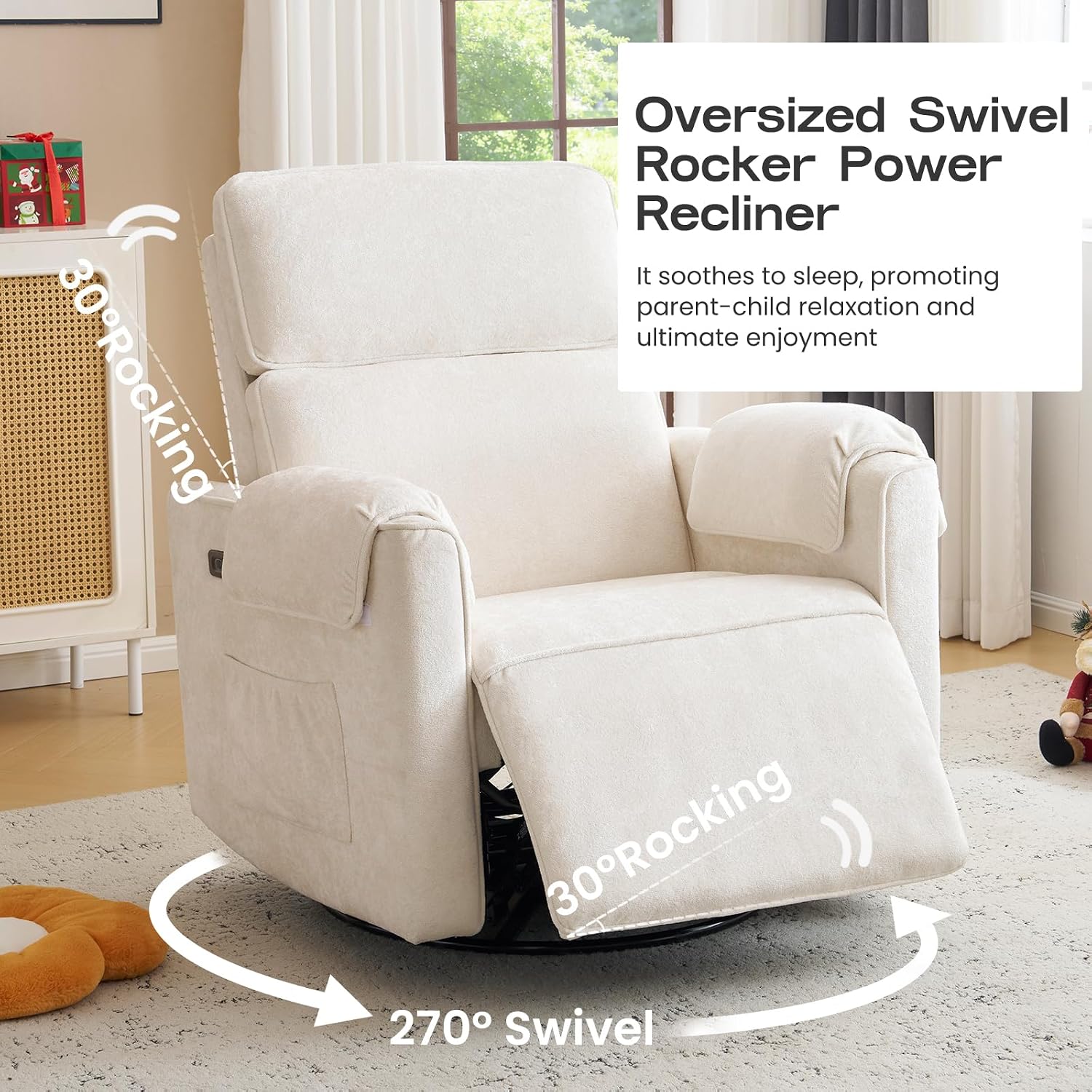 Chenille Rocking Chair Nursery with Adjustable Headrest, 24' Extra Wide Swivel Rocker Recliner with Overstuffed Armrest, Oversized Power Rocker Recliner with USB Ports, Cream