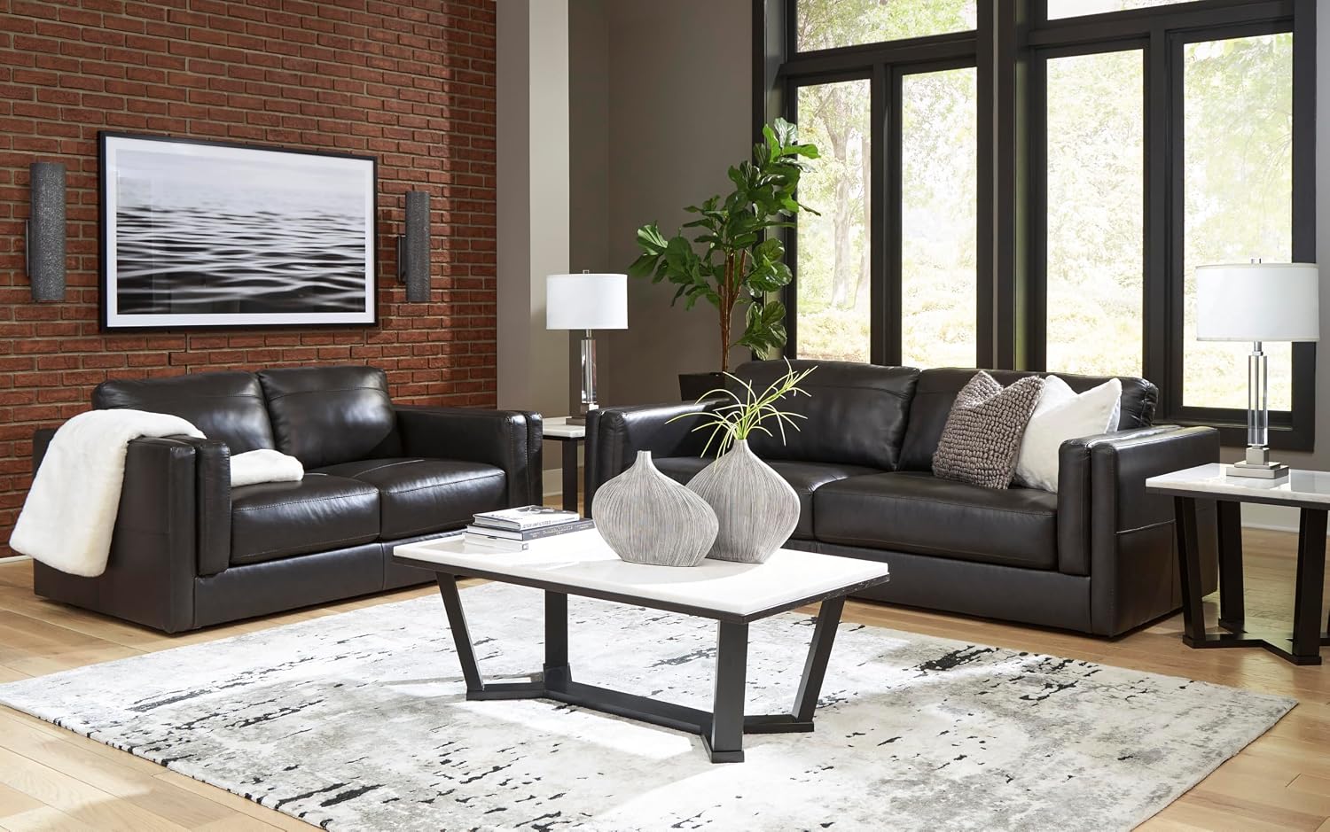 Signature Design by Ashley Amiata Modern Leather Match Sofa with Non-skid Legs, Black