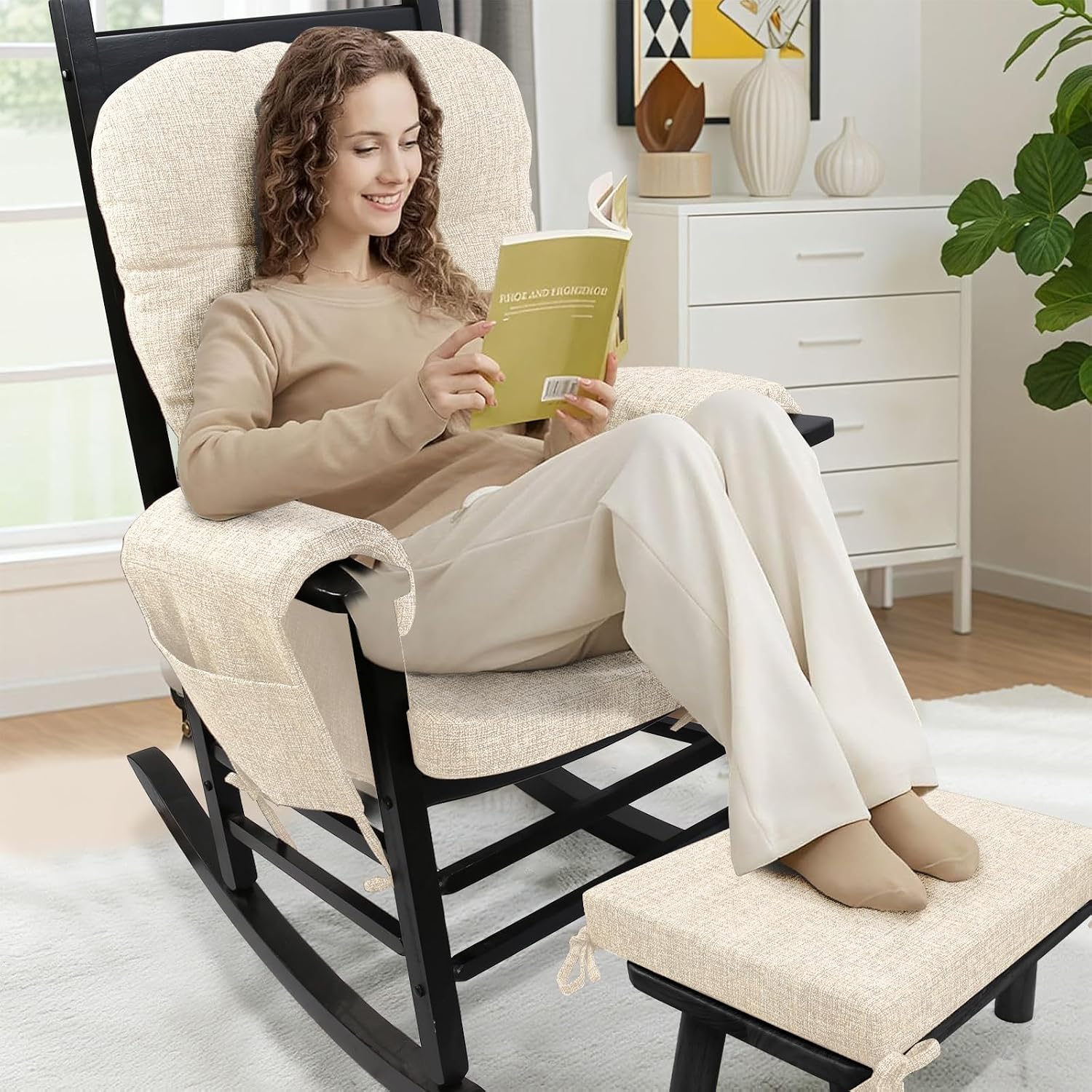 SINOSSO Glider Rocker Cushion Set (5 Pcs), Soft Blended Fabric High-Density Support Foam Seat Cushions with Ties, Fits Rocking Chair/Nursery Glider & Ottoman, Beige