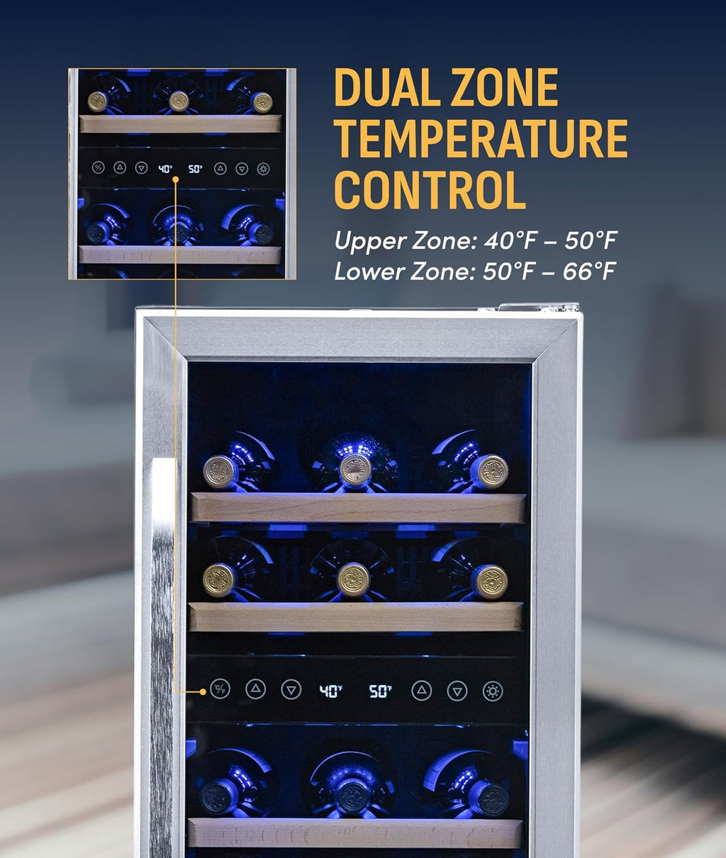 NewAir 15' Dual Zone Wine Fridge for 29 Bottles | Built-In or Freestanding Wine Cooler Refrigerator with Glass Door | Precision Cooling & Wood Shelves for Red and White Wines | Stainless Steel
