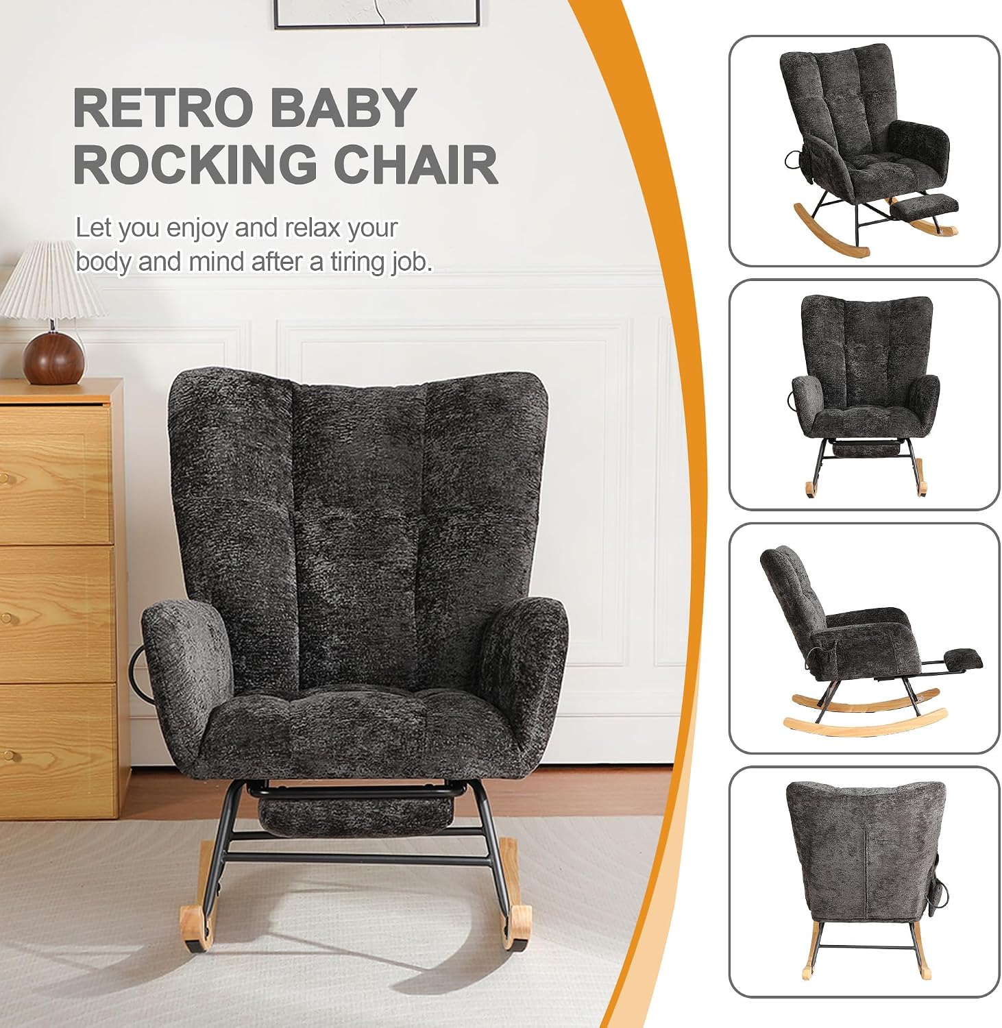 Rocking Chair Nursery with Airbag, Comfy Modern Nursery Rocking Reading Chair Indoor with Footrest, Cozy Upholstered Glider Rocker Chairs for Living Room Bedroom Offices(Chenille, Black)