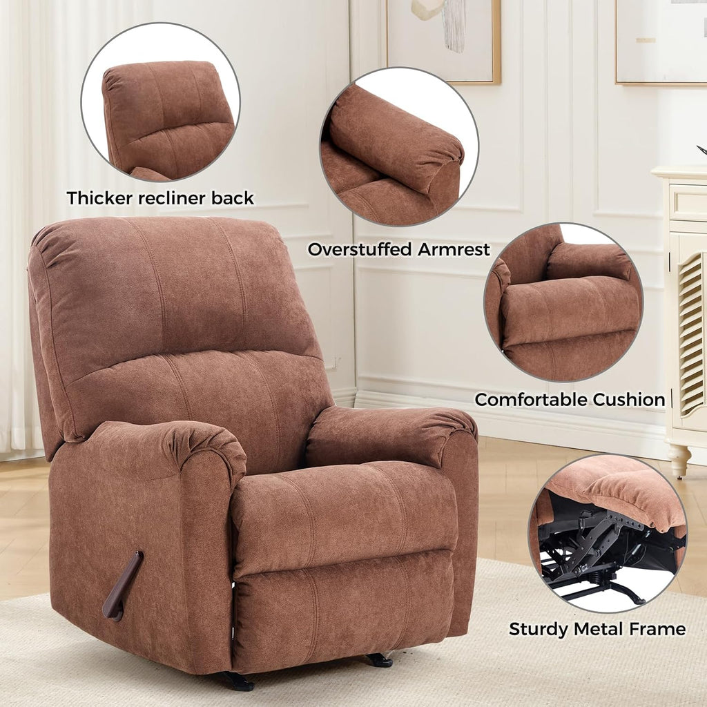 CANMOV Rocker Recliner Chair for Adults Set of 2,Manual Recliner Chair with Overstuffed Backrest and Armrests, Soft Fabric Manual Rocking Reclining Sofa for Living Room,Brown