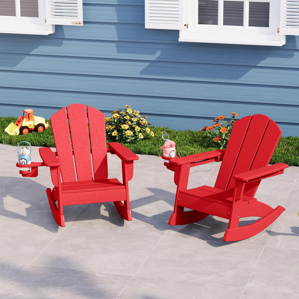 WestinTrends Malibu Outdoor HDPE Plastic Preschool Toddler Classic Adirondack Rocking Chairs (Set of 2), Red