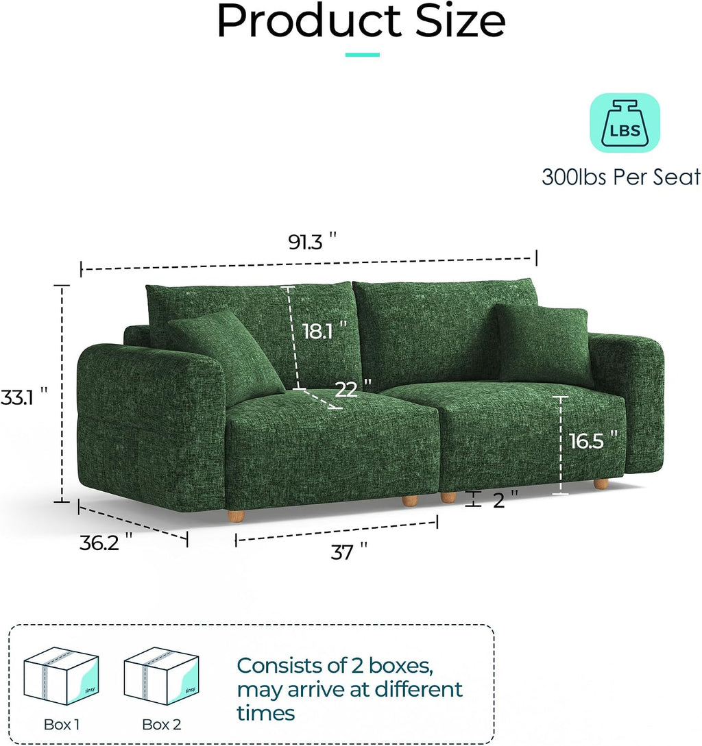 LINSY HOME Oversized Loveseat, 91' Deep Seat Cloud Couch Loveseat 2-Seater Sofa Sectionals for Living Room Bedroom, Cozy Couch Luxury Chenille Sofas, Green