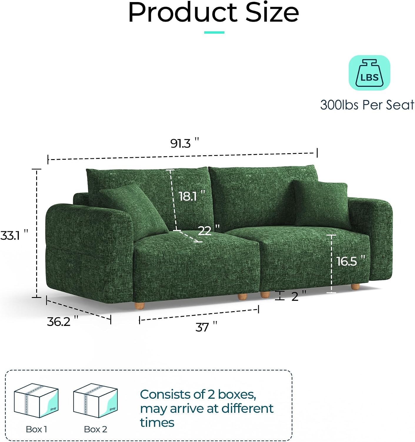 LINSY HOME Oversized Loveseat, 91' Deep Seat Cloud Couch Loveseat 2-Seater Sofa Sectionals for Living Room Bedroom, Cozy Couch Luxury Chenille Sofas, Green