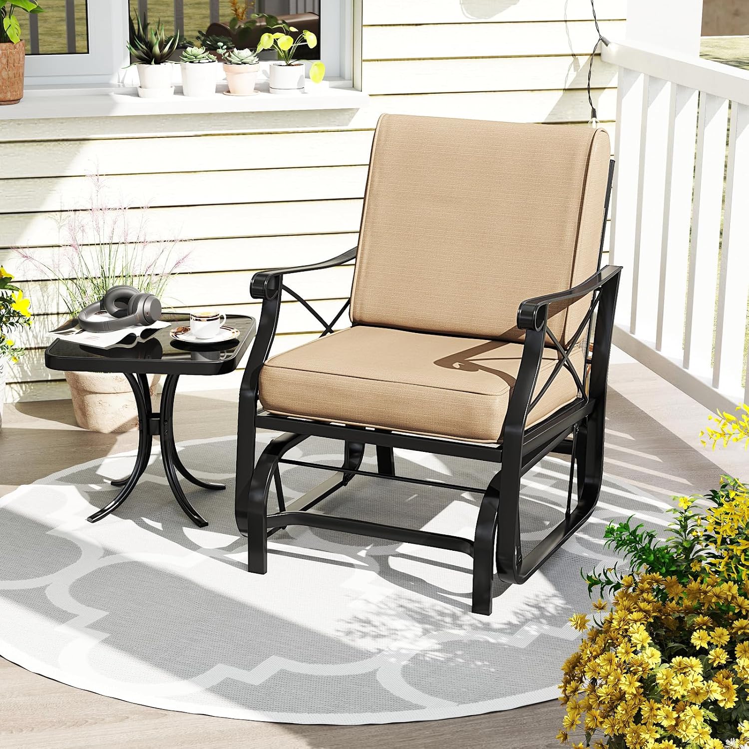 Tangkula Outdoor Glider Rocking Chair, Patio Gliding Chair Furniture with Metal Frame and Thick Cushions for Porch, Balcony, Garden and Yard (1 Pack)