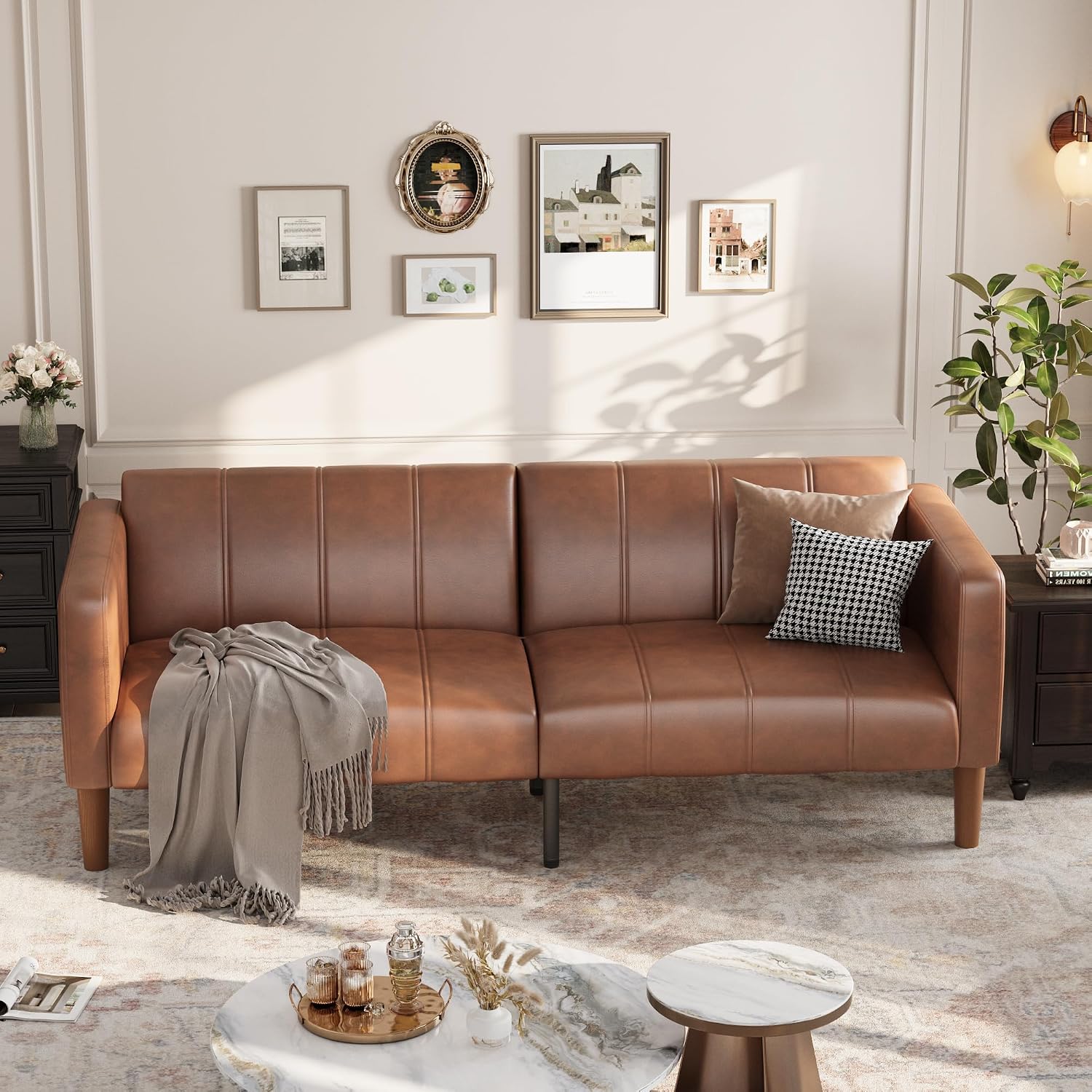 GarveeHome Futon Sofa Bed, 75-Inch Modern Faux Leather Convertible Couch, Mid-Century Loveseat for Small Space, Living Room, Bedroom, Brown