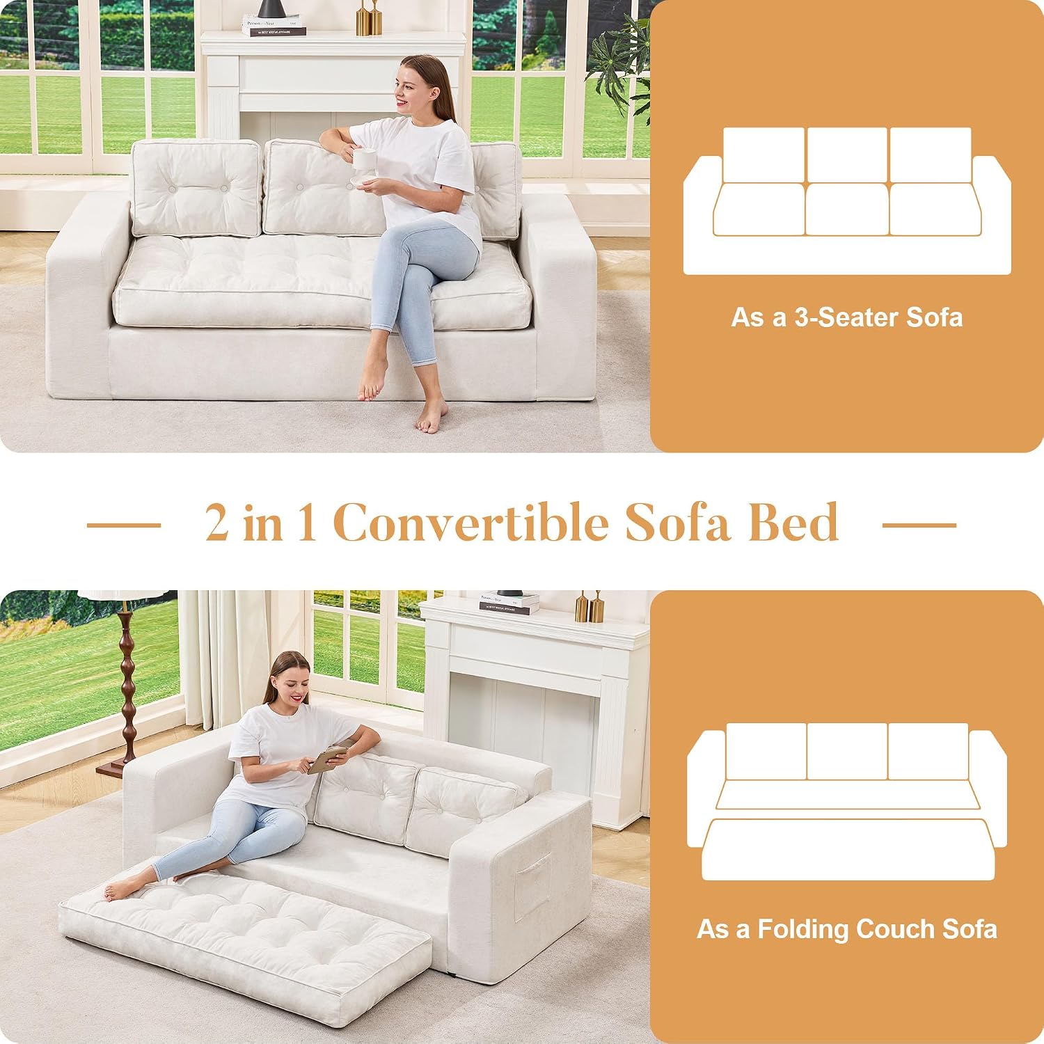 Hobestluk 3-Seater Sofa Boneless Couch with Tufted Button Design 2 in 1 Comfy Cloud Couch Oversized Sofa for Living Room Bedroom Apartment or Office (Beige, 3 Seater)