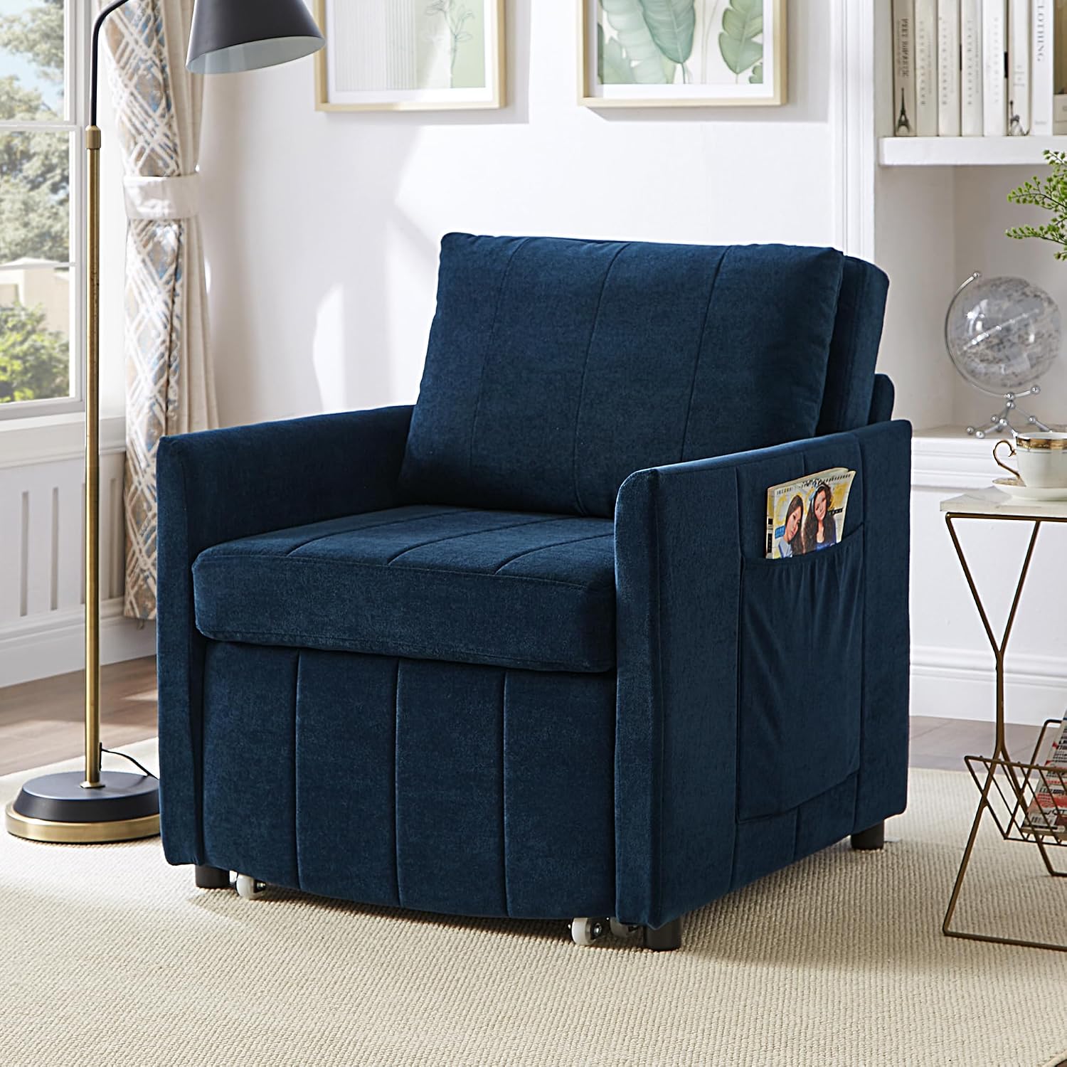 Merax Convertible Chair Bed with a Storage Basket, 3-in-1 Pull Out Sleeper Couch with 5-Position Adjustable Backrest, Linen Folding Sofa Bed for Living Room, Apartment Blue