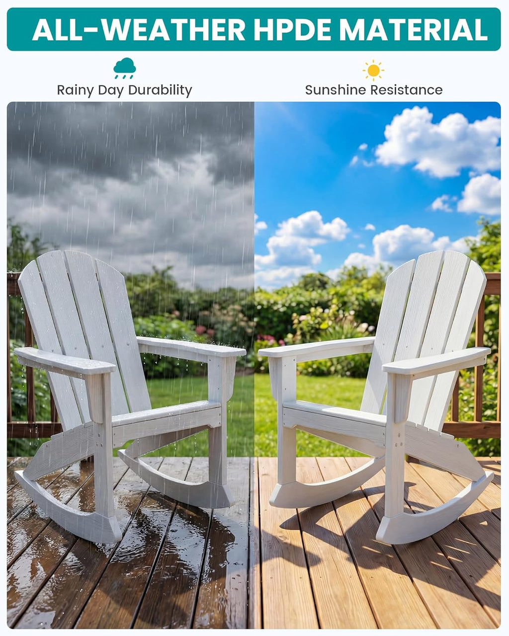 SERWALL Outdoor Adirondack Rocking Chairs Set of 2 with Pillows(500 PP Cotton Filling), All-Weather HDPE Adirondack Rocker Chair, Front Porch Rocker Chairs for Patio Lawn Porch Deck, White