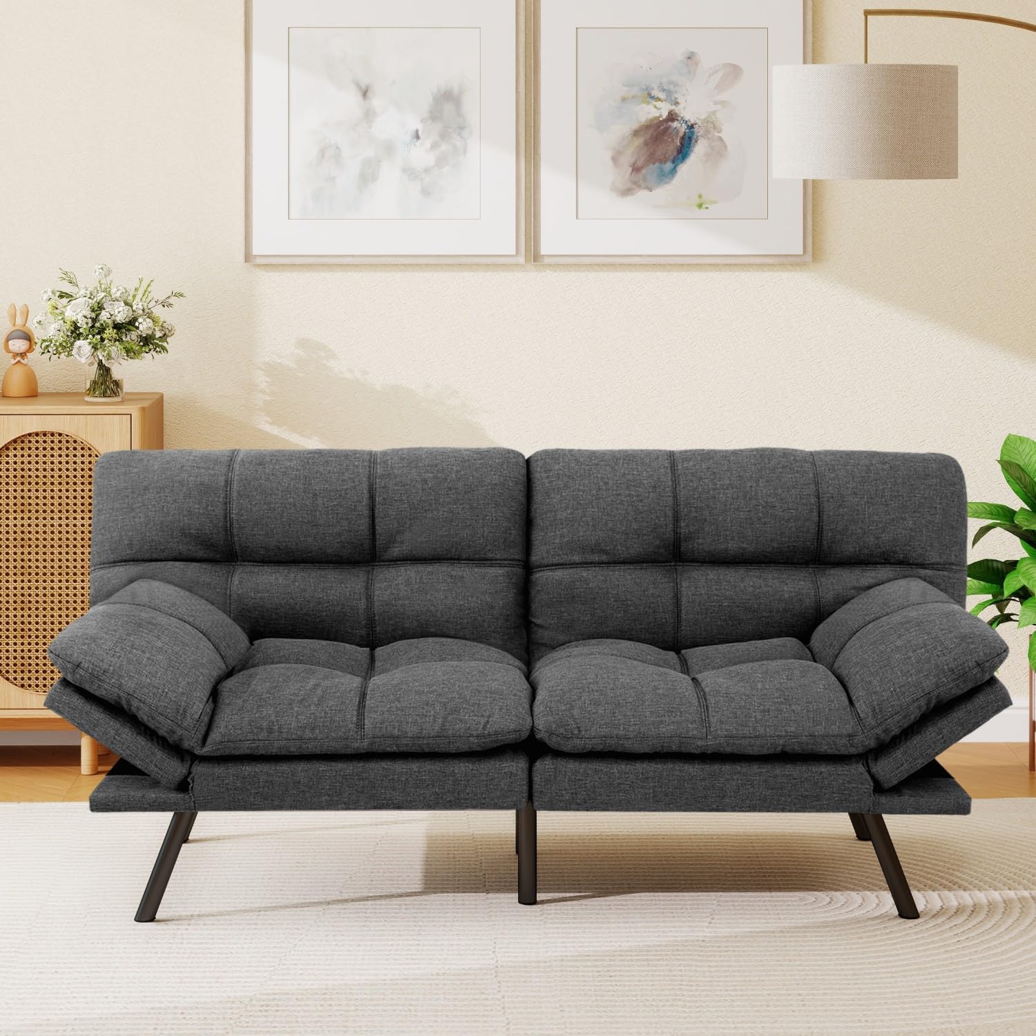 MUUEGM 71-Inch Futon Sofa Bed, Convertible Loveseat Sleeper | Elegant Dark Gray Linen | Adjustable Couch for Office, Apartment & Guests