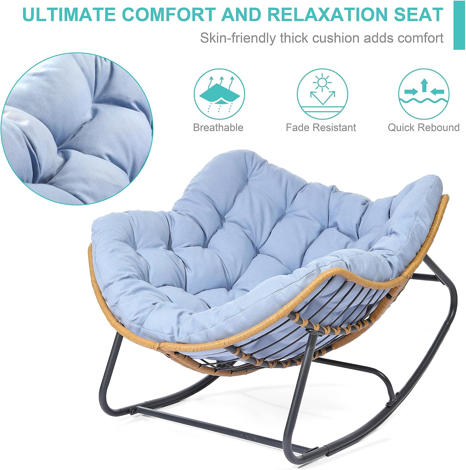 SWITTE Outdoor Rocking Chair, Indoor Papasan Rocking Lounge with Thick Cushion, Oversized Cozy Patio Rocker for Bedroom, Living Room, Porch, Garden, Lawn-Light Blue