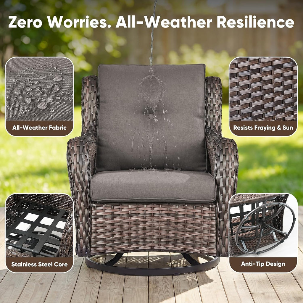 Belord Outdoor Swivel Chairs Set of 2,Patio Wicker Rocker Chairs,All Weather Patio Conversation Furniture Set, Ideal for Porch Balcony Deck Yard, Brown Wicker/Gray