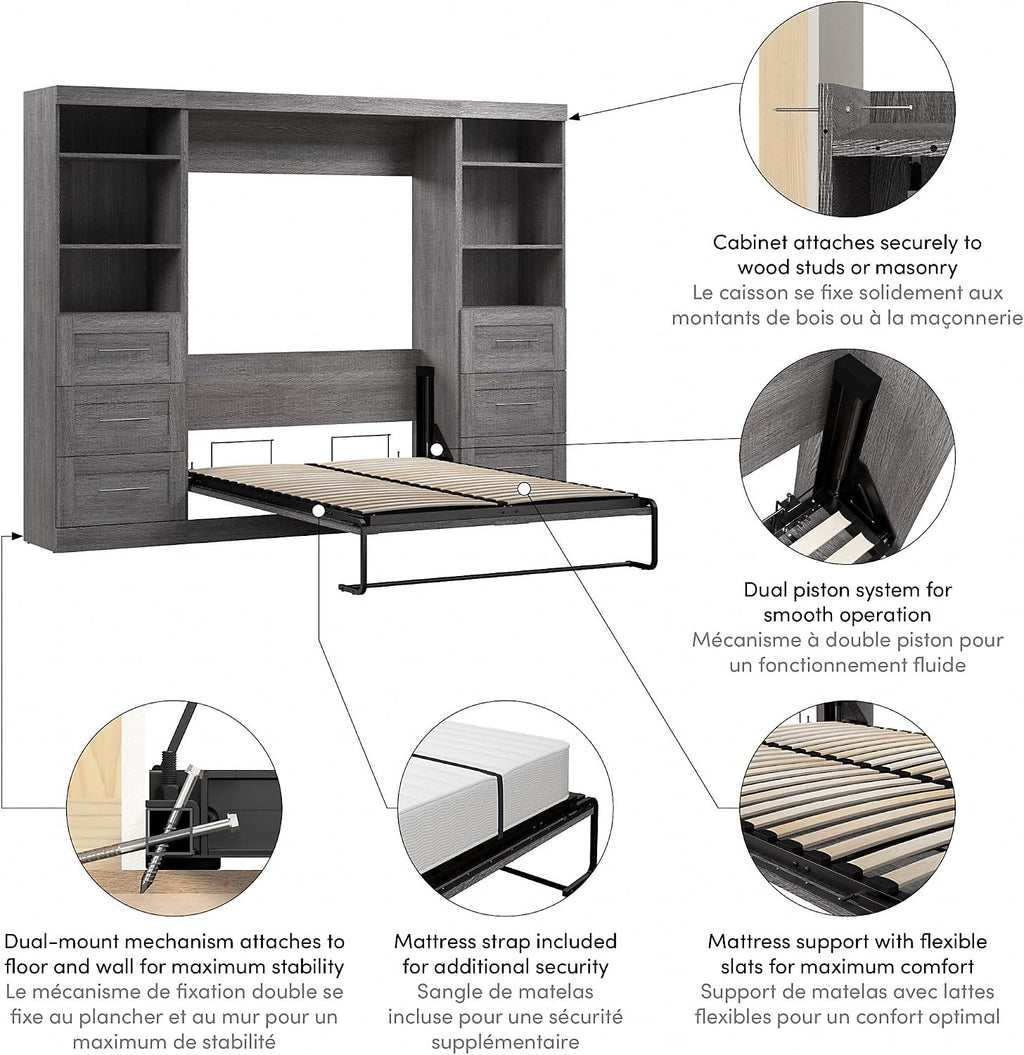 Bestar Pur Full Murphy Bed and 2 Shelving Units with Drawers, 109-inch Space-Saving Wall Bed